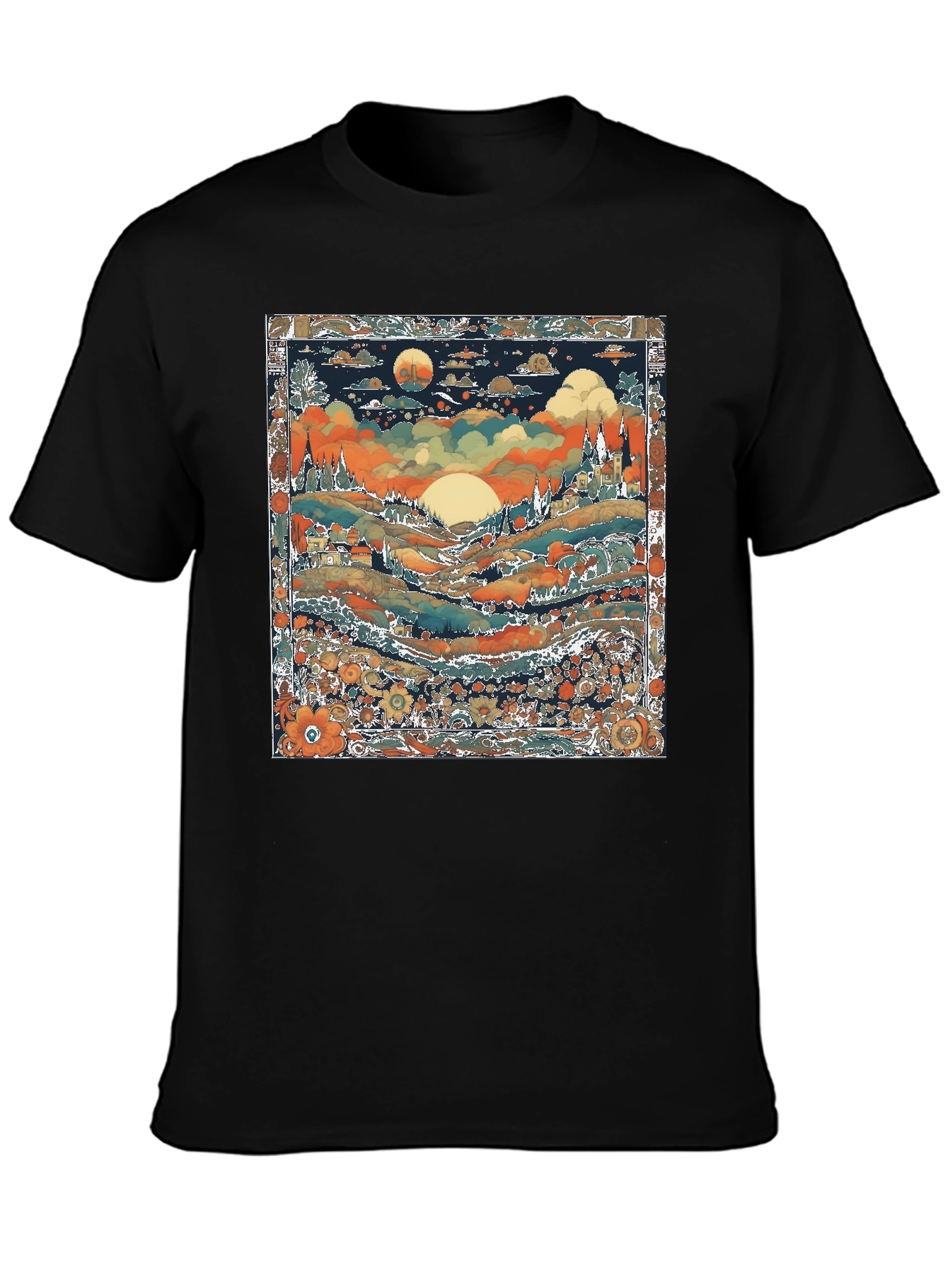 Whimsical Landscape Graphic Tee - Black Cotton Blend
