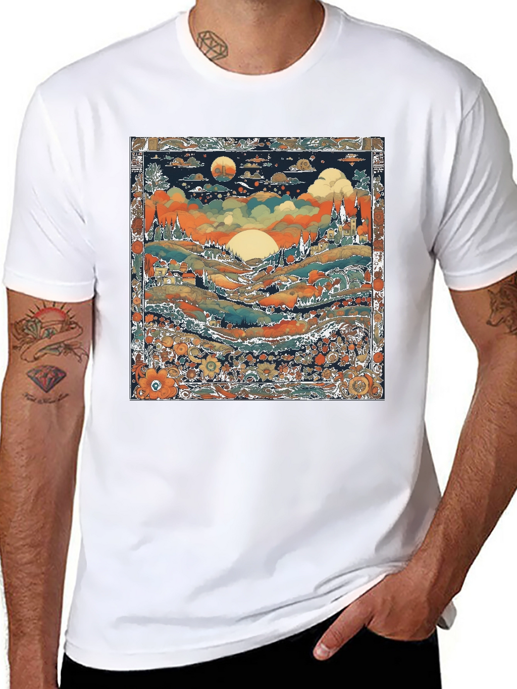 Whimsical Landscape Graphic Tee - Black Cotton Blend