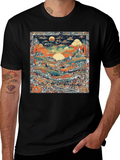 Whimsical Landscape Graphic Tee - Black Cotton Blend
