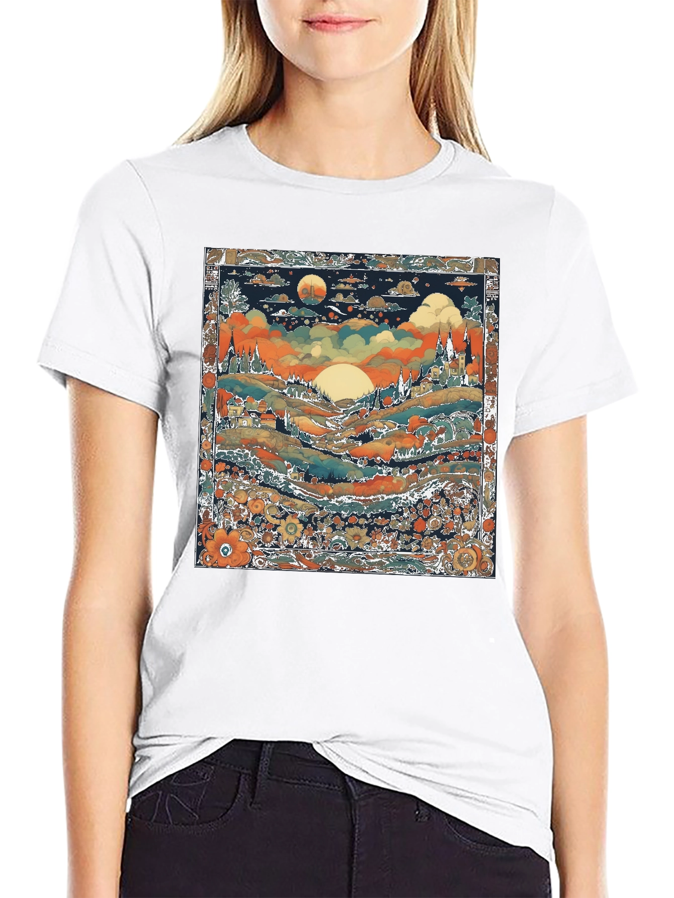 Whimsical Landscape Graphic Tee - Black Cotton Blend