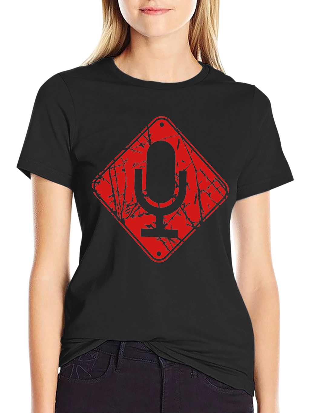Red Microphone Warning Black T-Shirt