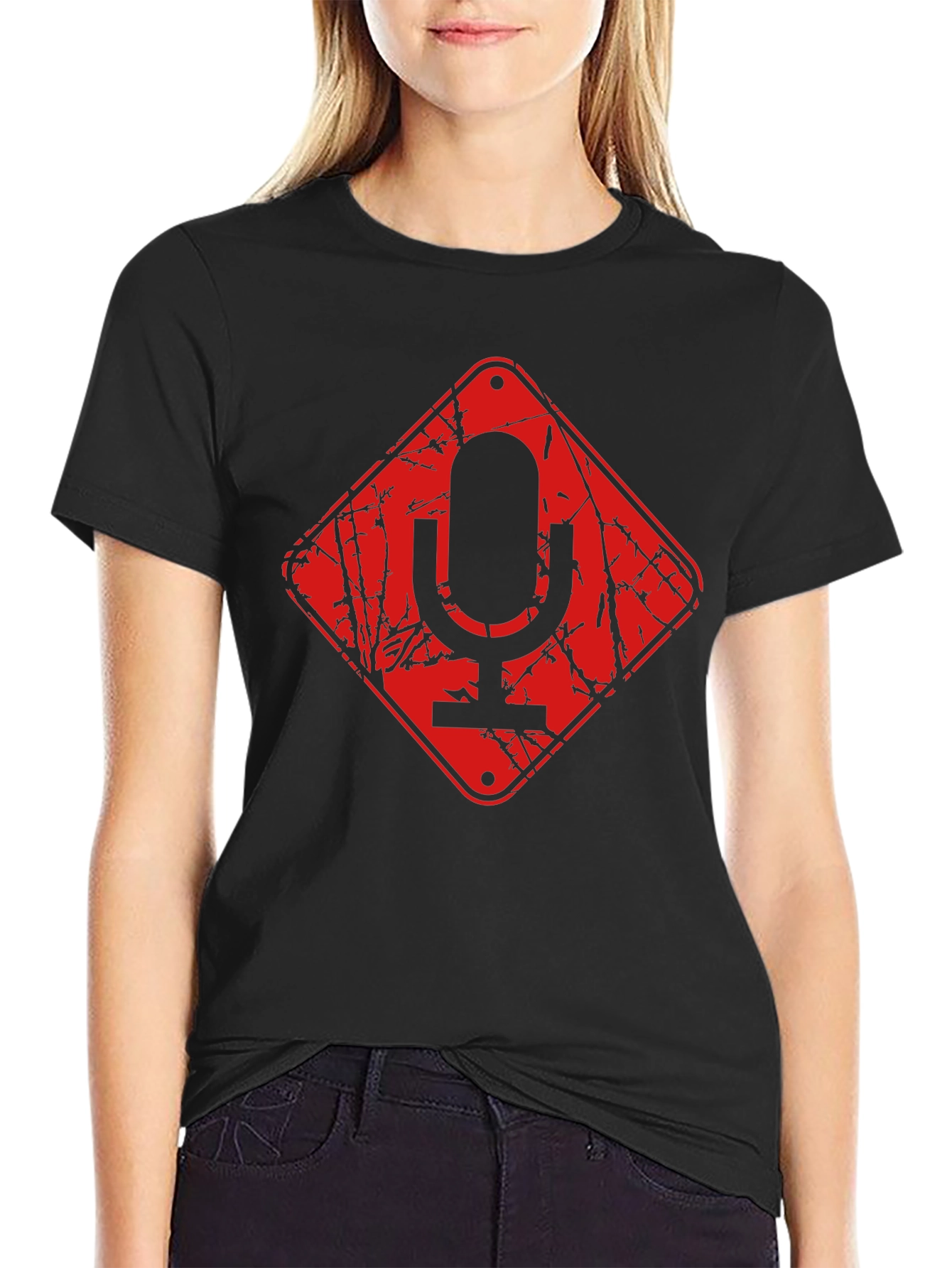 Red Microphone Warning Black T-Shirt