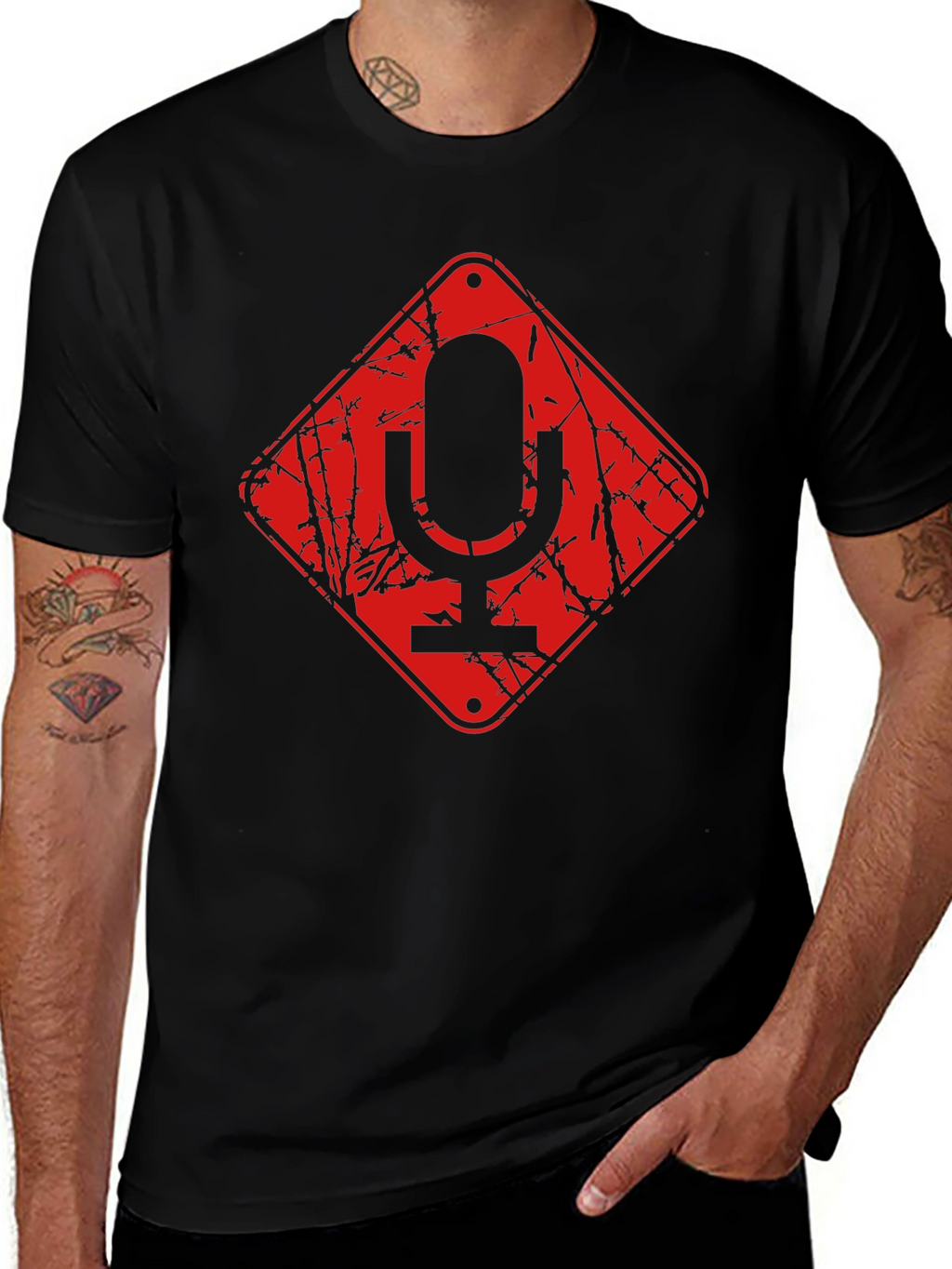 Red Microphone Warning Black T-Shirt