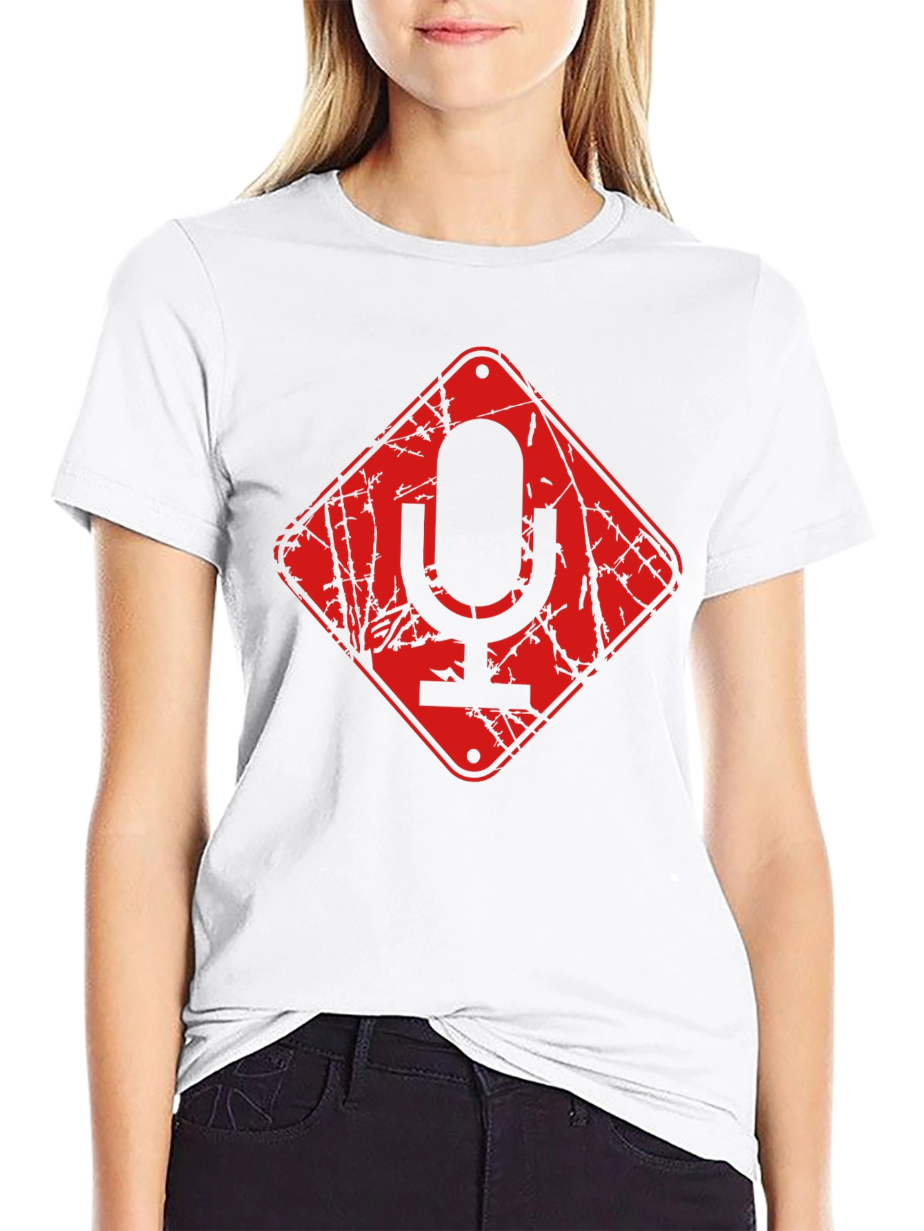 Red Microphone Warning Black T-Shirt