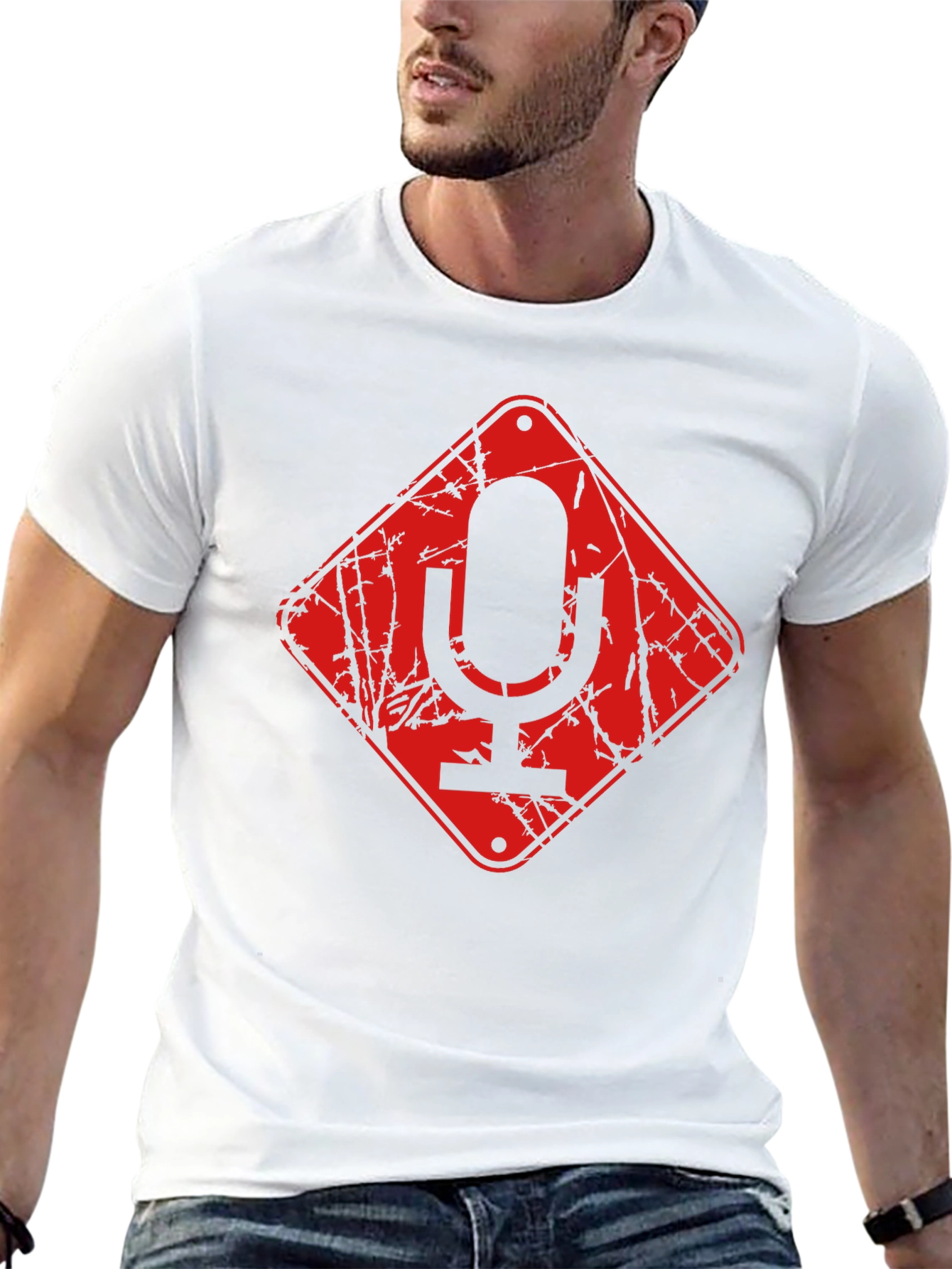 Red Microphone Warning Black T-Shirt