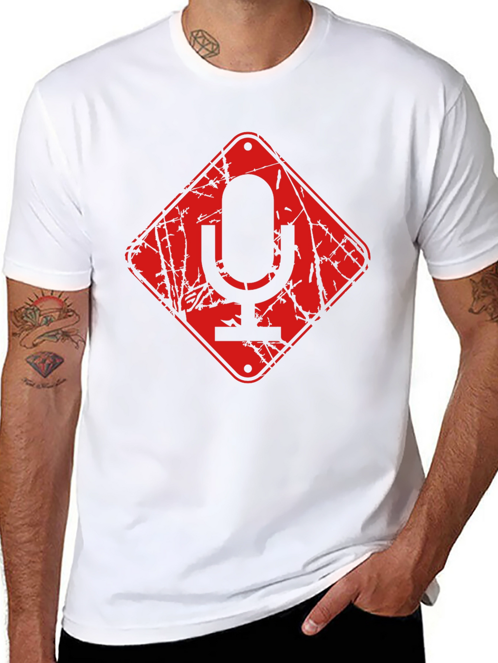 Red Microphone Warning Black T-Shirt