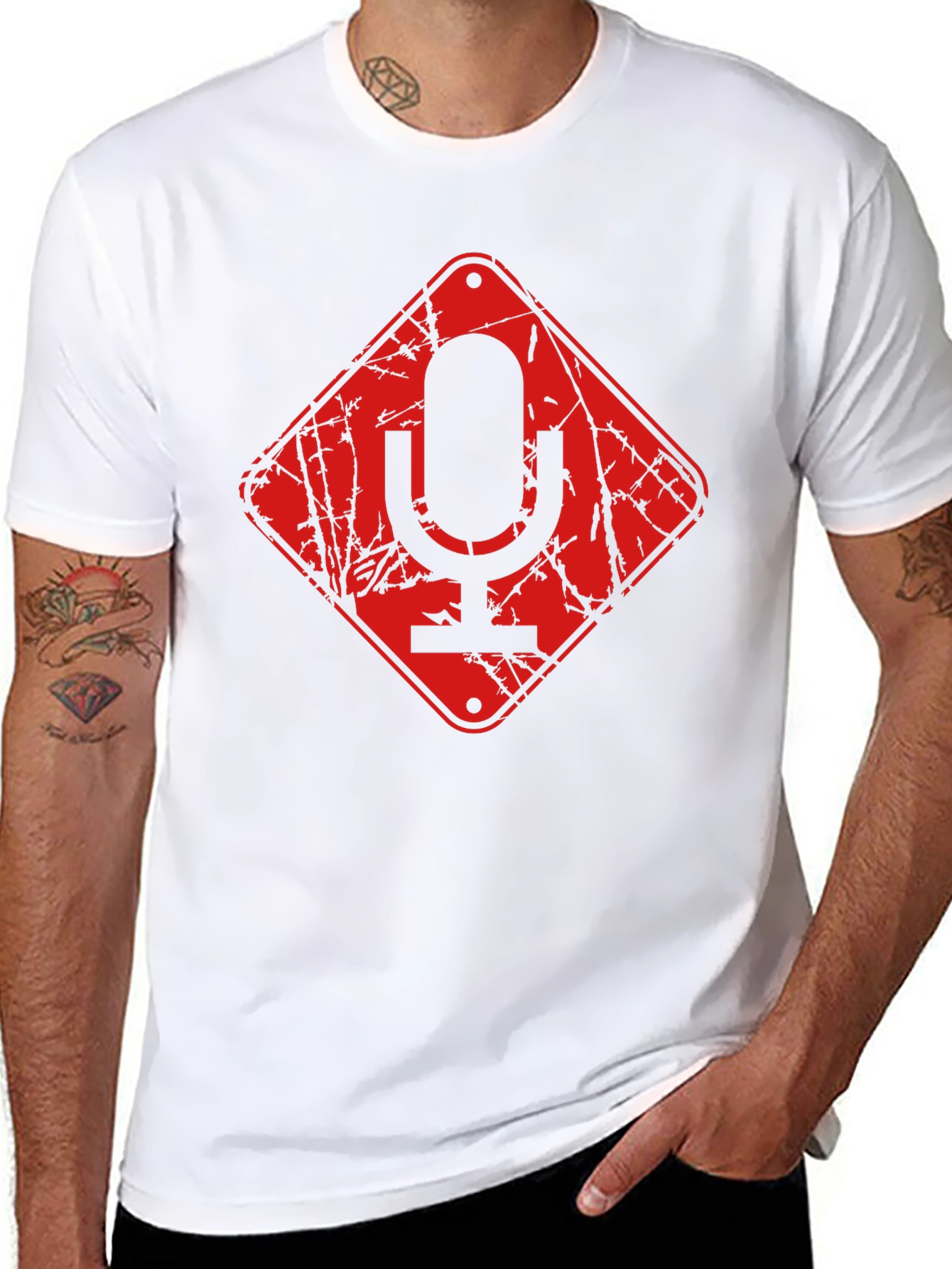 Red Microphone Warning Black T-Shirt