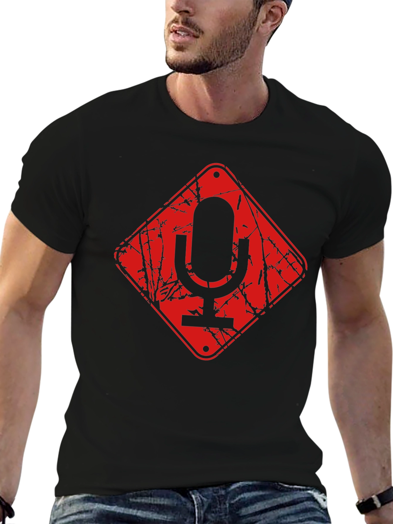Red Microphone Warning Black T-Shirt