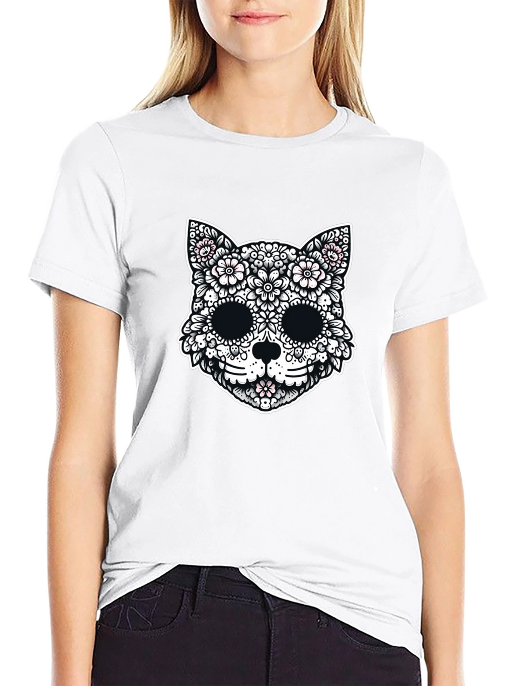 Floral Cat Sugar Skull Graphic Tee