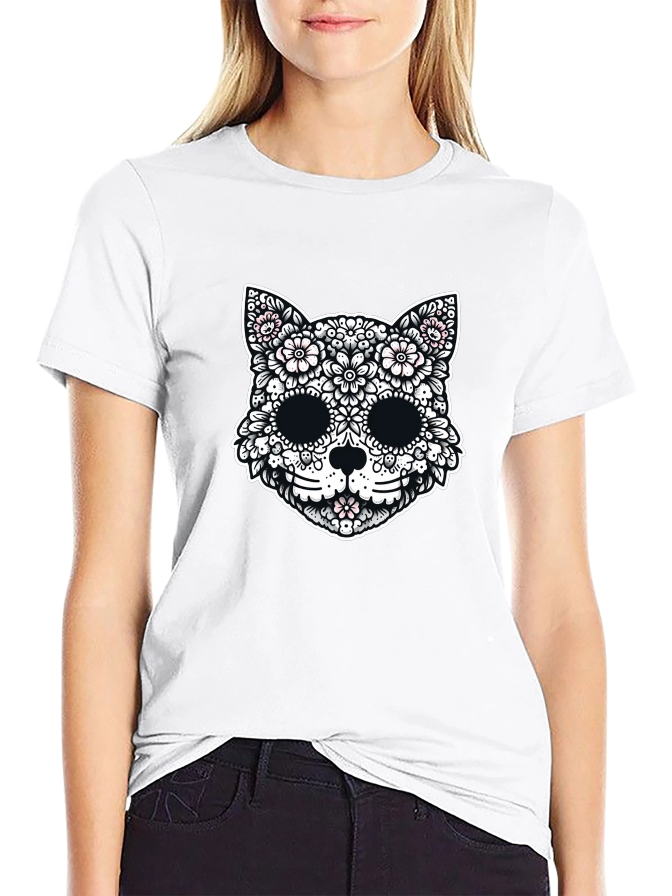 Floral Cat Sugar Skull Graphic Tee