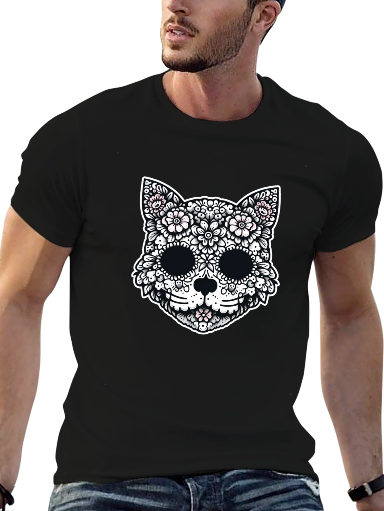 Floral Cat Sugar Skull Graphic Tee