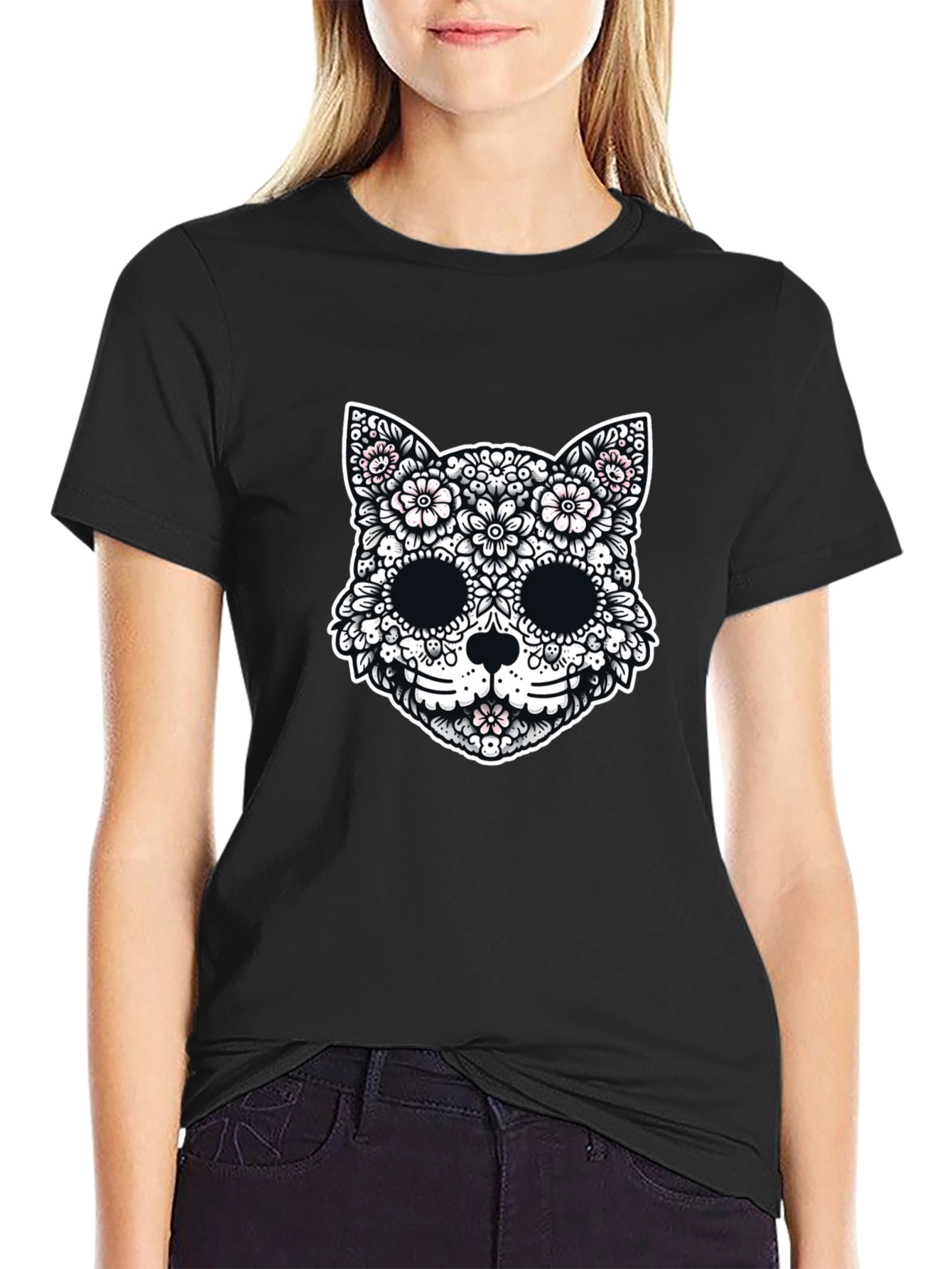 Floral Cat Sugar Skull Graphic Tee