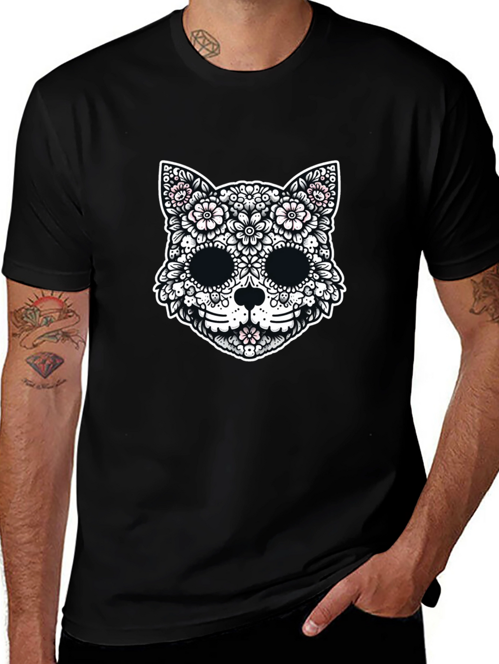 Floral Cat Sugar Skull Graphic Tee
