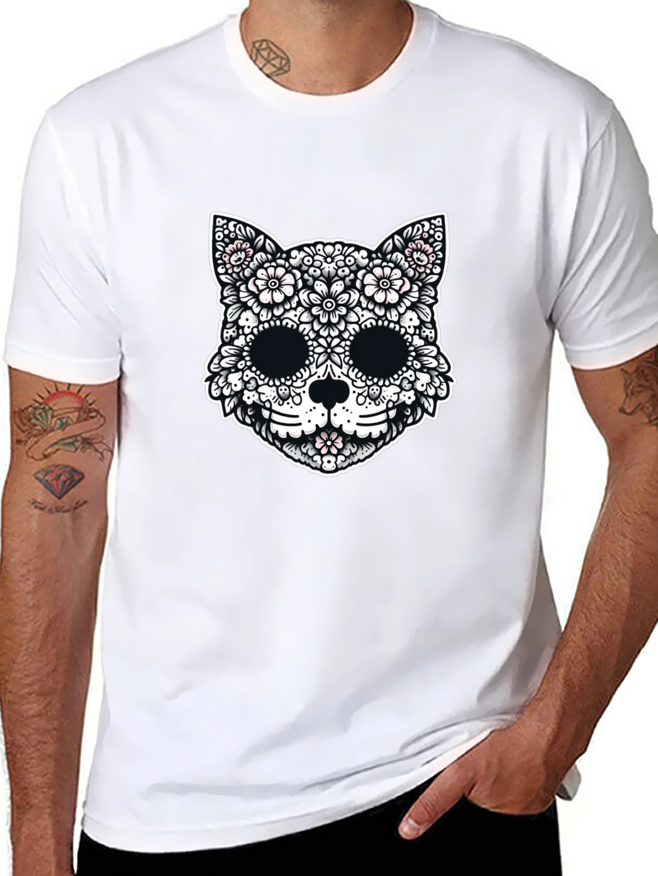 Floral Cat Sugar Skull Graphic Tee