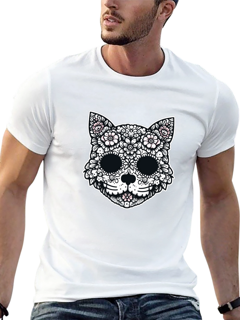 Floral Cat Sugar Skull Graphic Tee