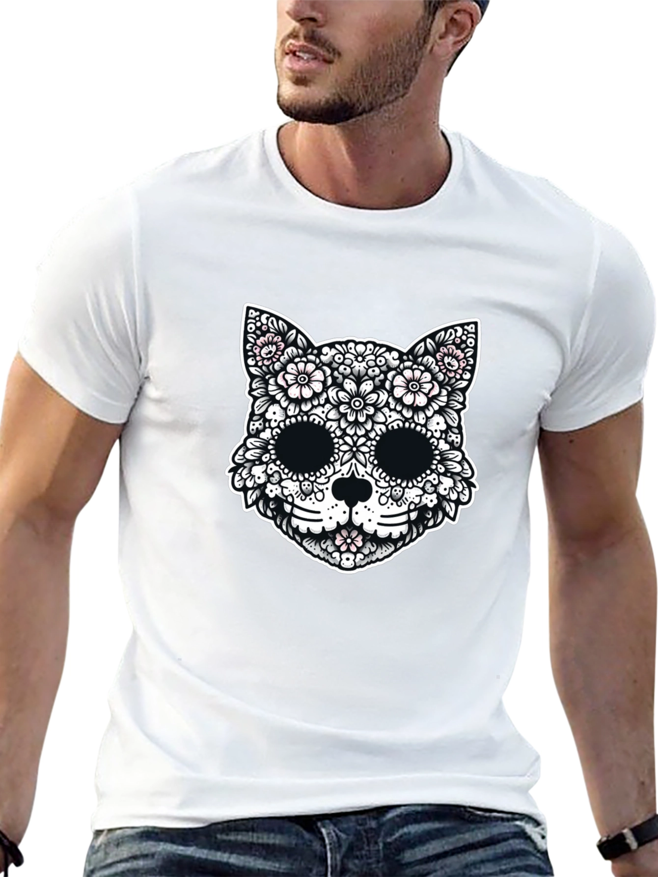 Floral Cat Sugar Skull Graphic Tee