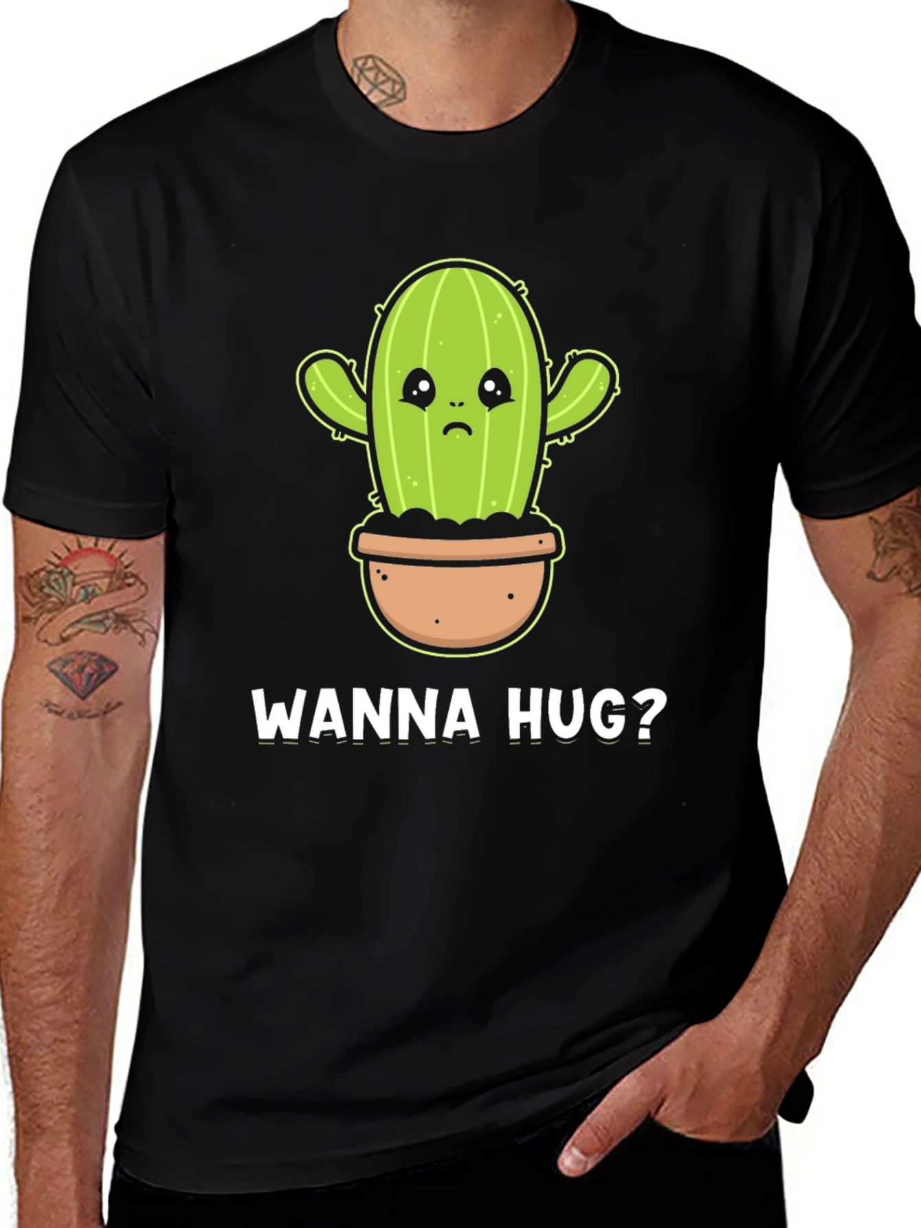 Wanna Hug? Cactus Graphic Tee - Soft Cotton Black T-Shirt