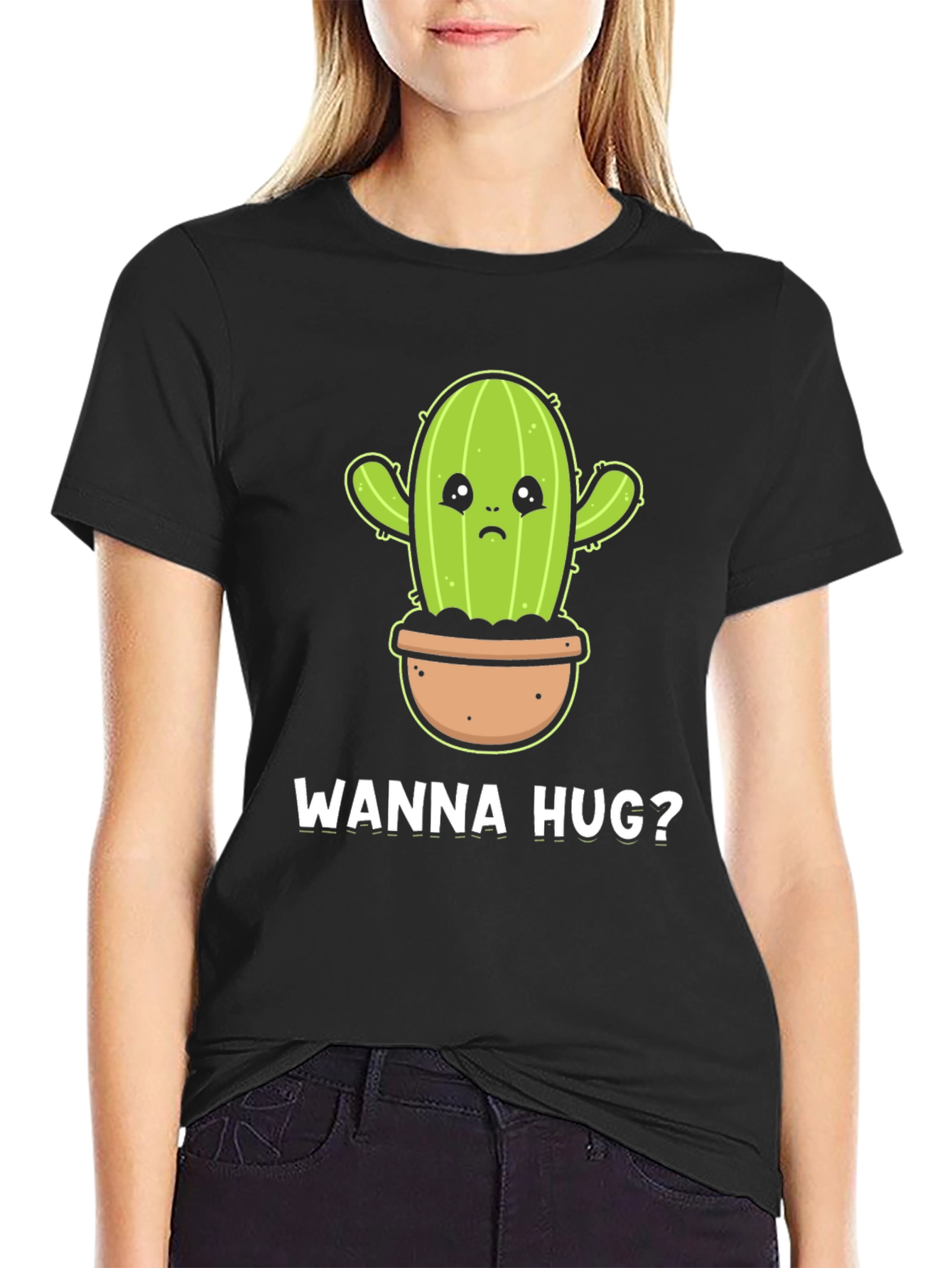 Wanna Hug? Cactus Graphic Tee - Soft Cotton Black T-Shirt