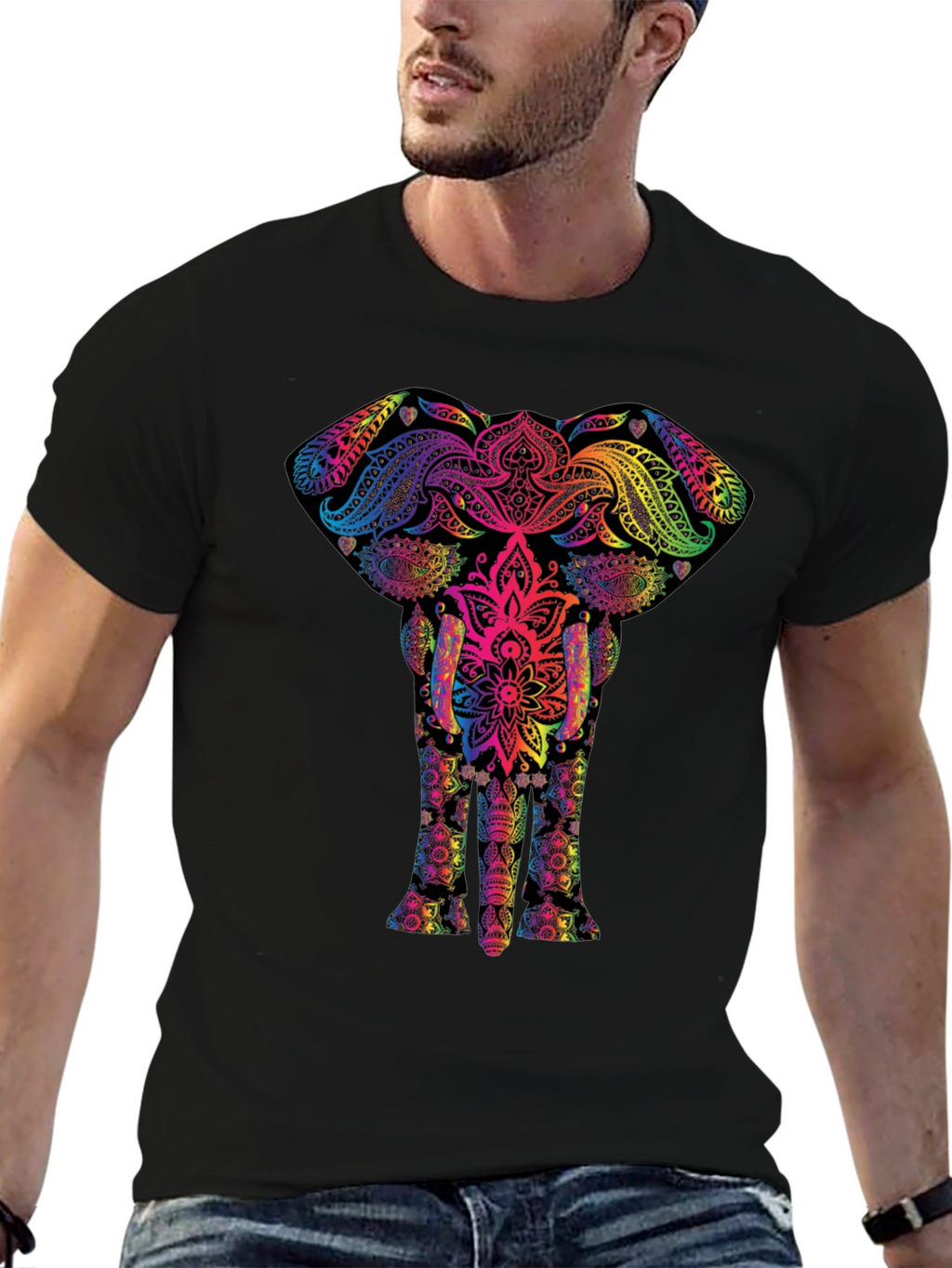 Vibrant Elephant Mandala Graphic Tee - Black