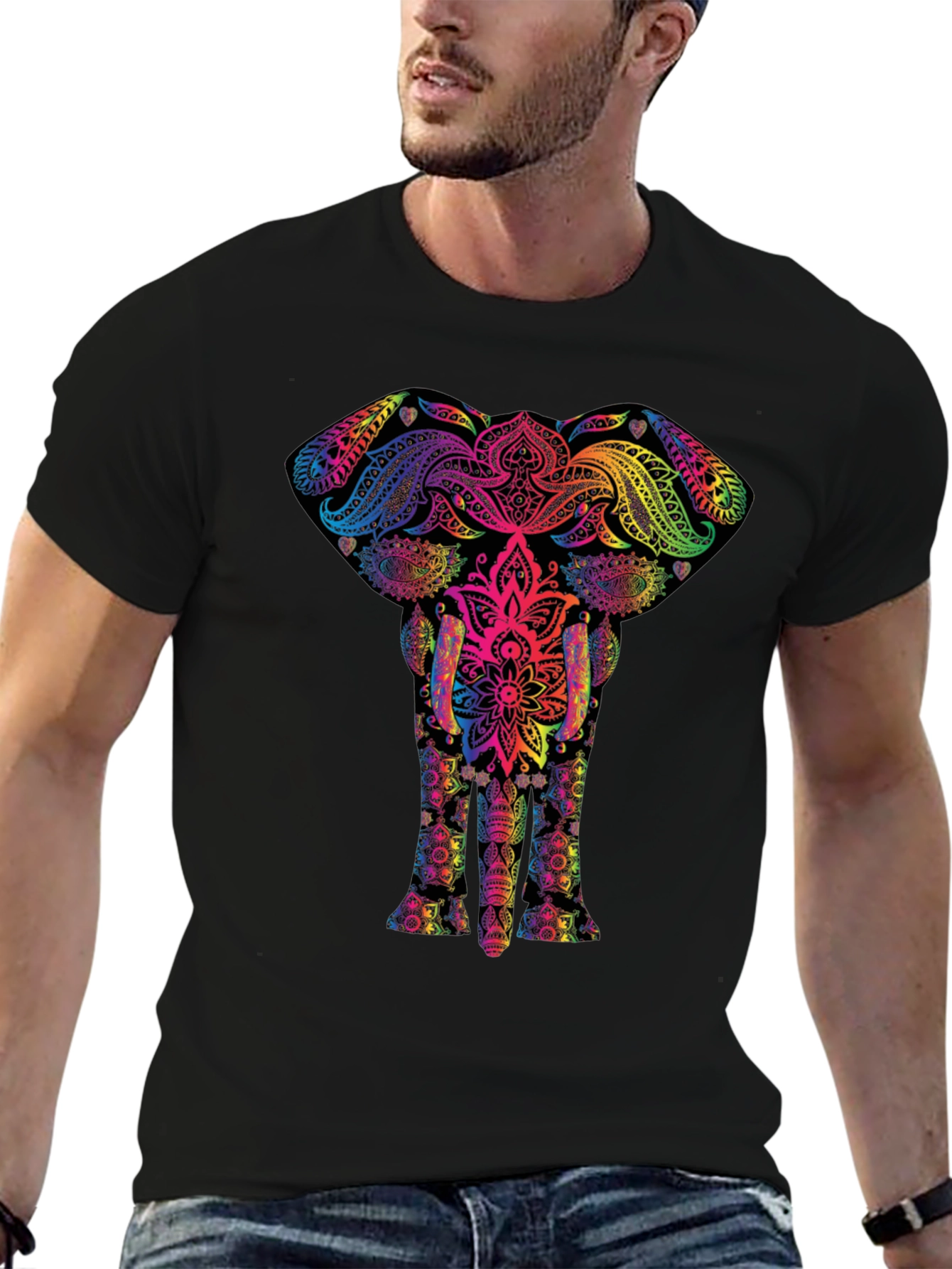 Vibrant Elephant Mandala Graphic Tee - Black