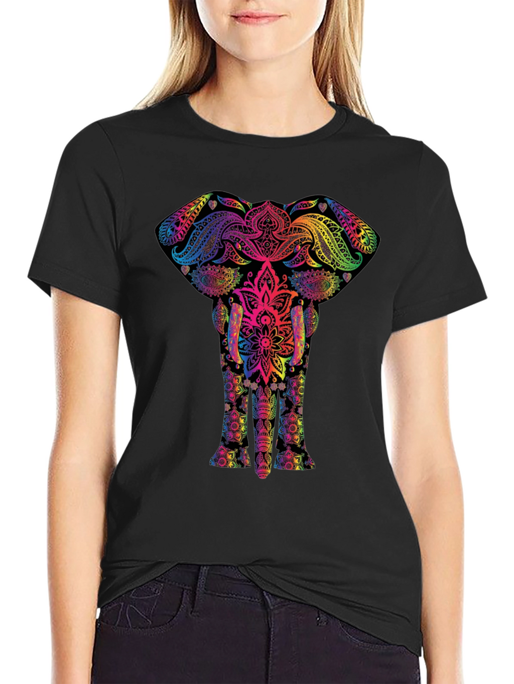 Vibrant Elephant Mandala Graphic Tee - Black