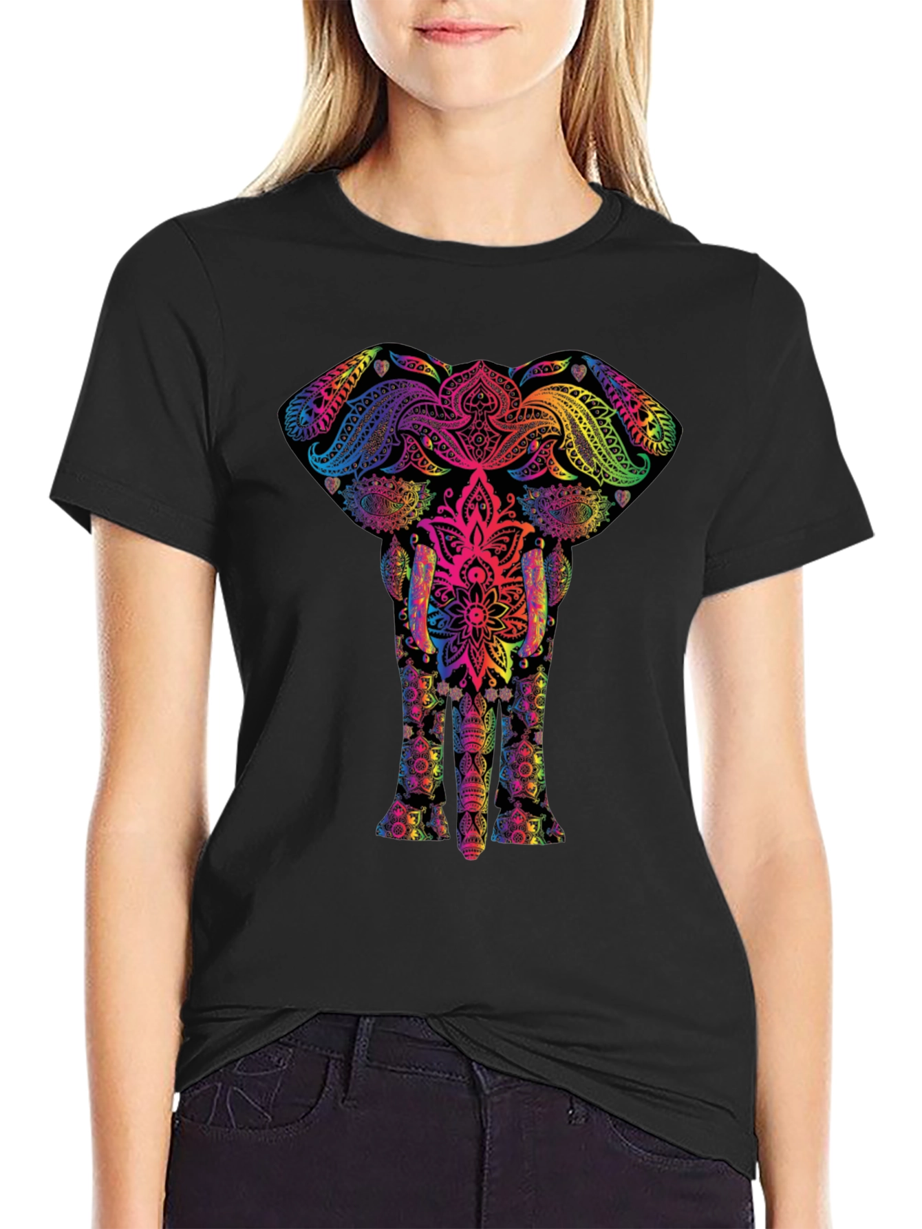 Vibrant Elephant Mandala Graphic Tee - Black