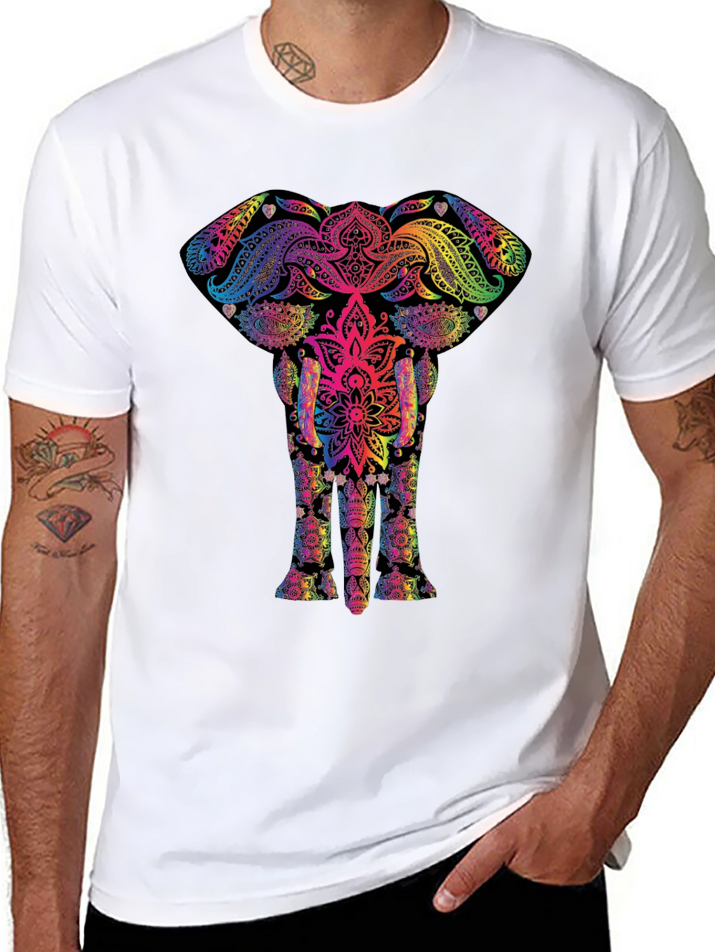 Vibrant Elephant Mandala Graphic Tee - Black