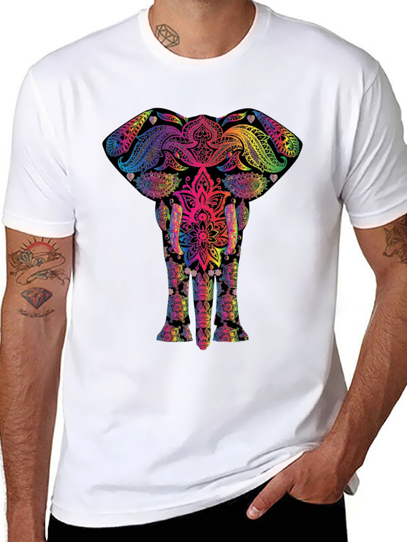 Vibrant Elephant Mandala Graphic Tee - Black
