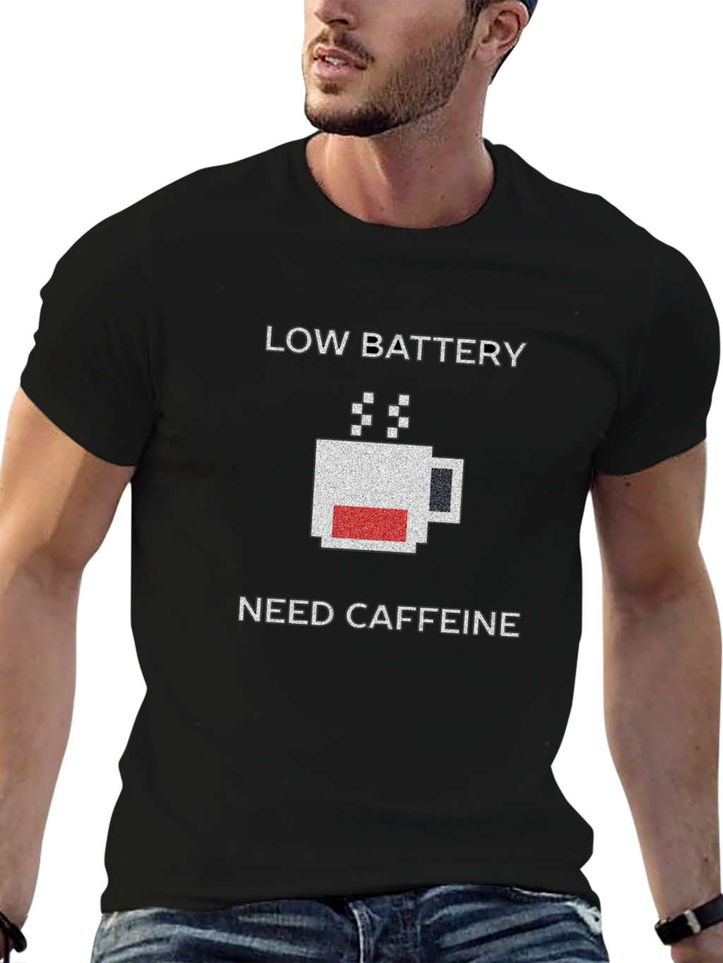 Low Battery Need Caffeine Black T-Shirt