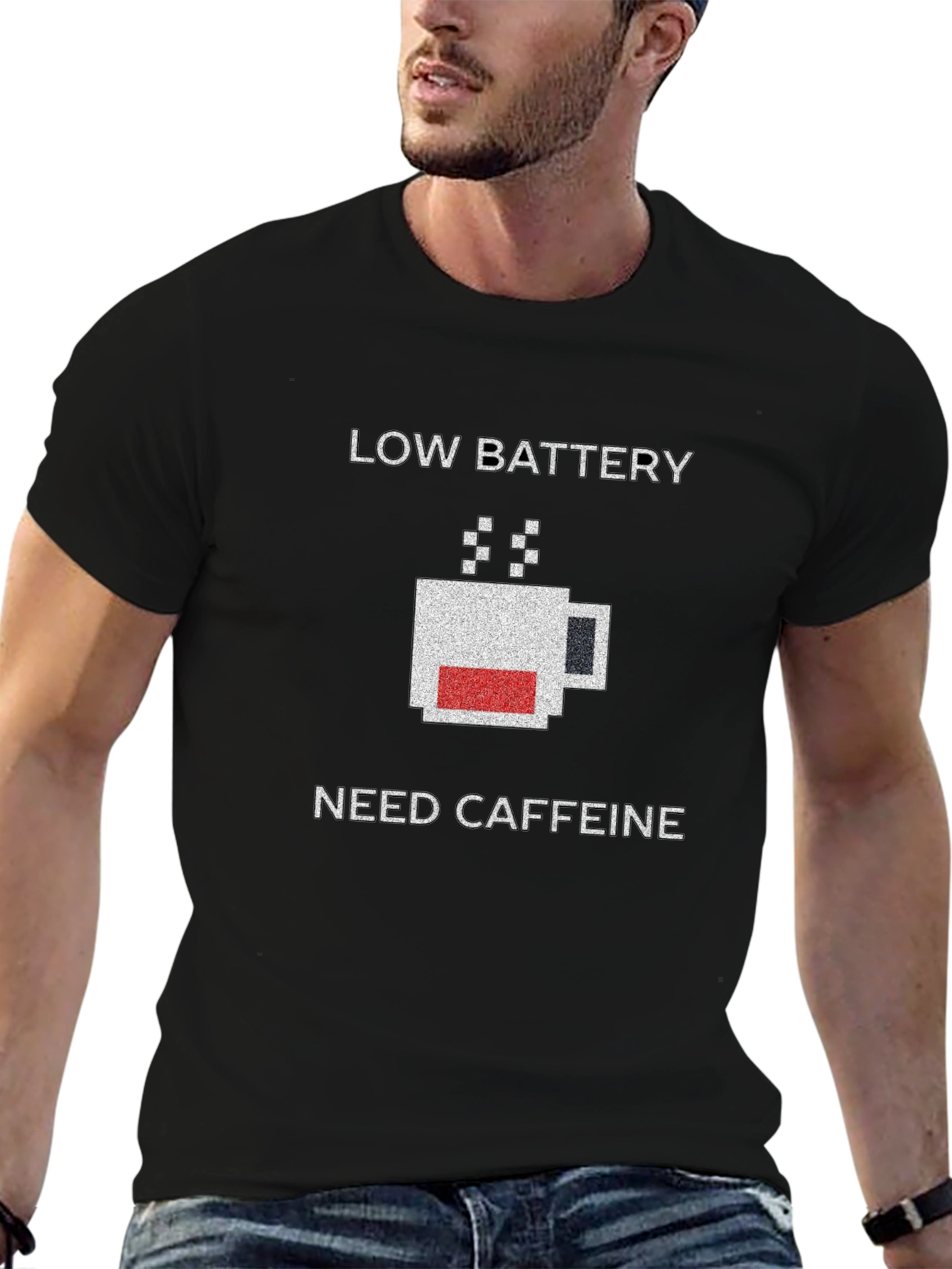 Low Battery Need Caffeine Black T-Shirt