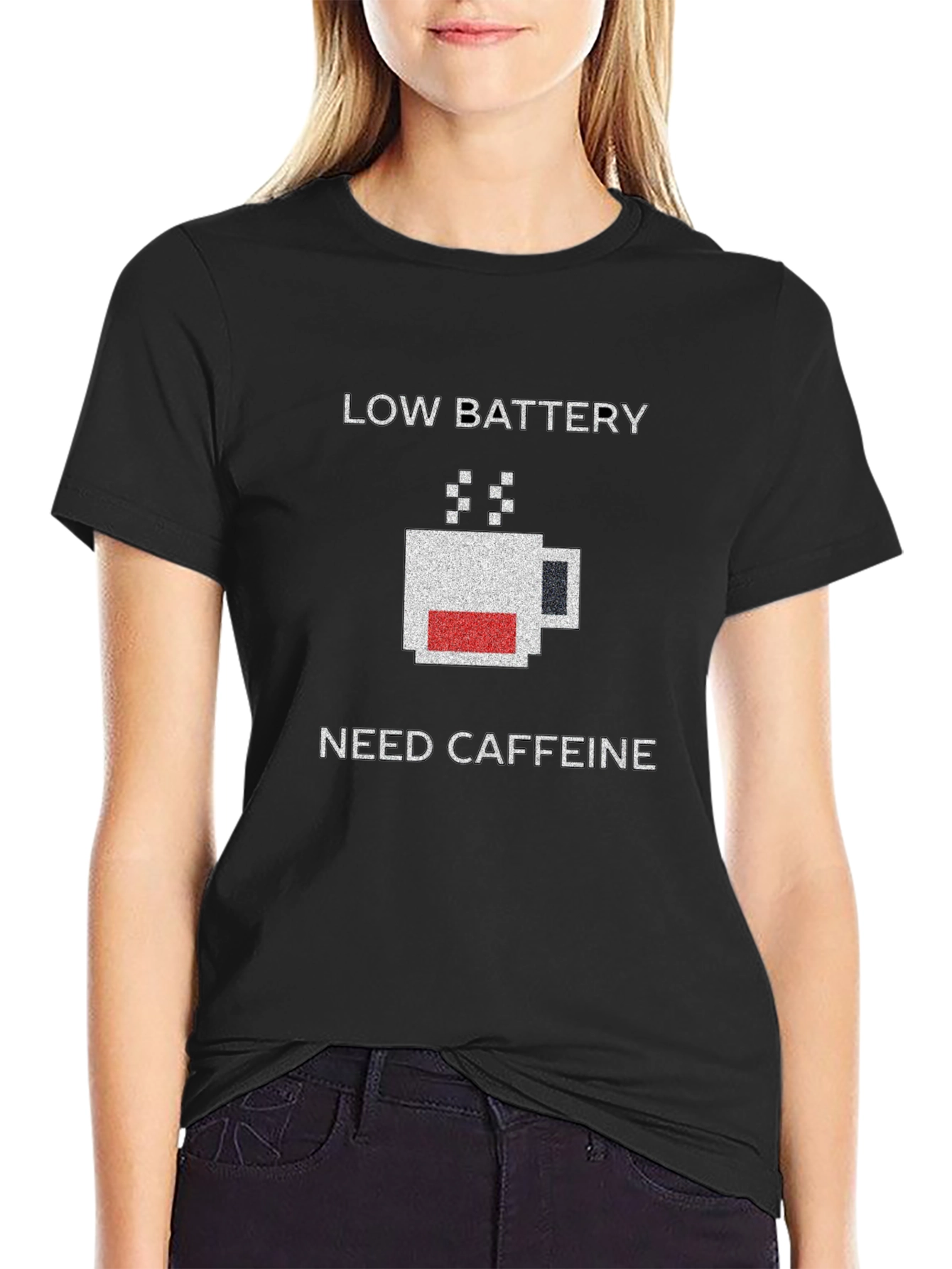 Low Battery Need Caffeine Black T-Shirt