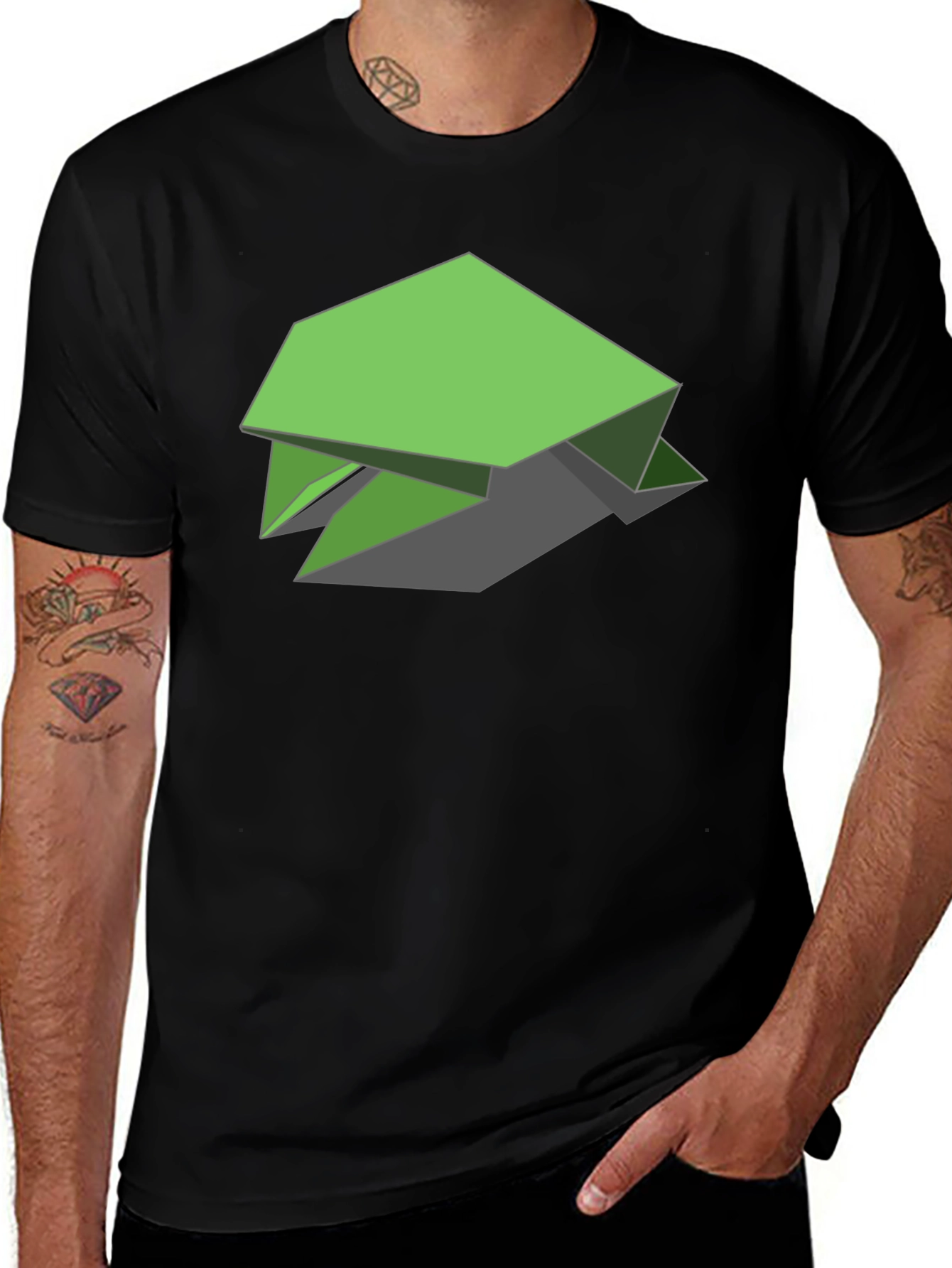 Geometric Green Turtle Graphic Tee - Black