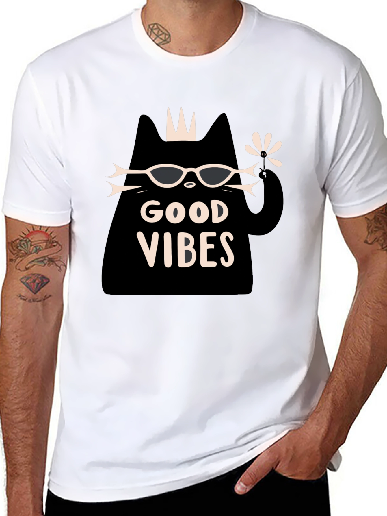 Good Vibes Cat Graphic T-Shirt - Black