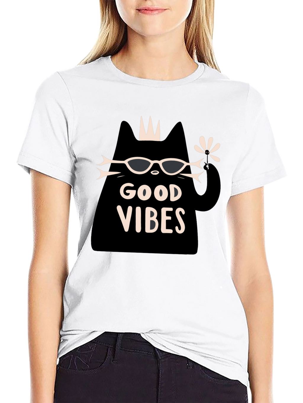 Good Vibes Cat Graphic T-Shirt - Black