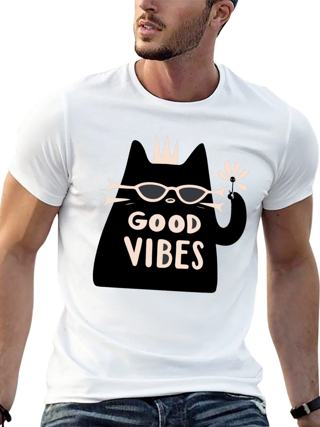 Good Vibes Cat Graphic T-Shirt - Black