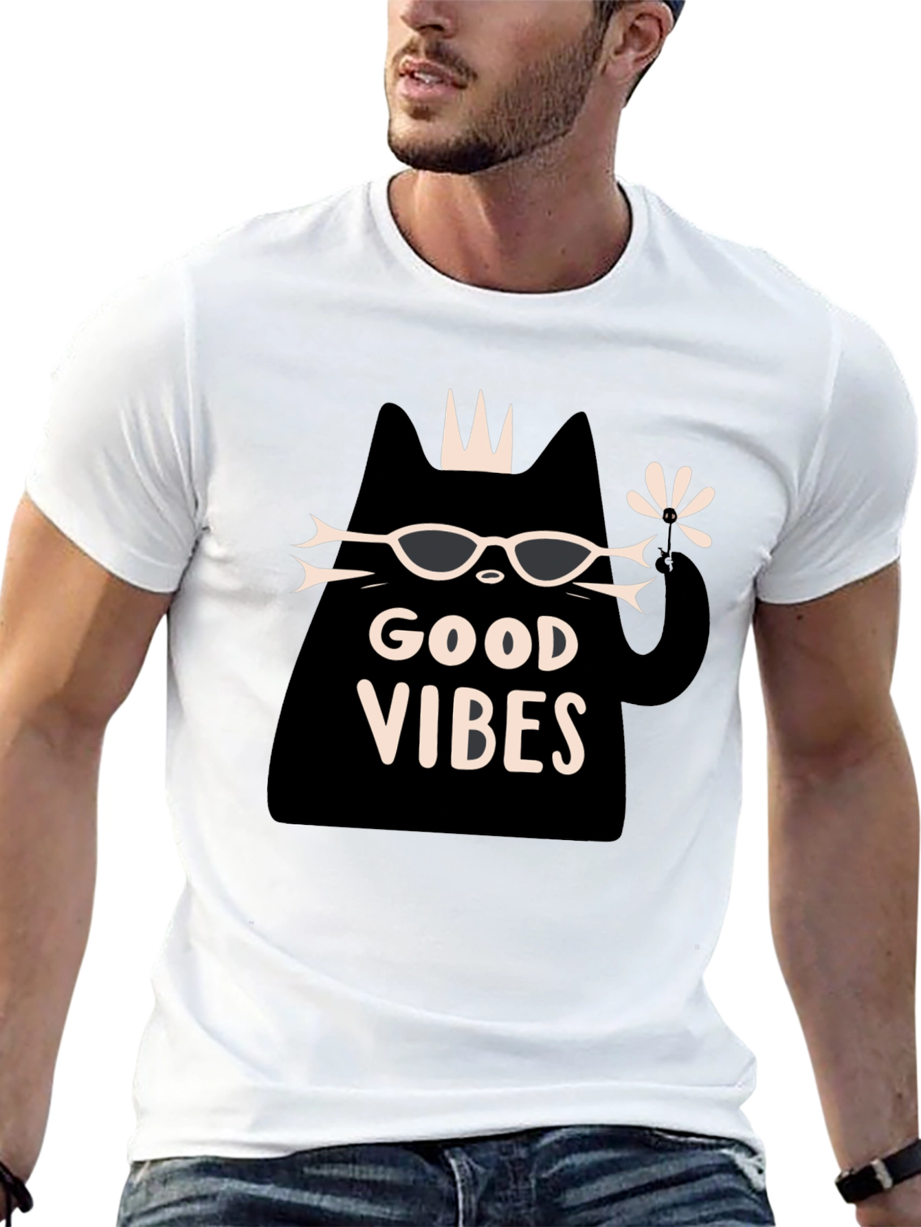 Good Vibes Cat Graphic T-Shirt - Black