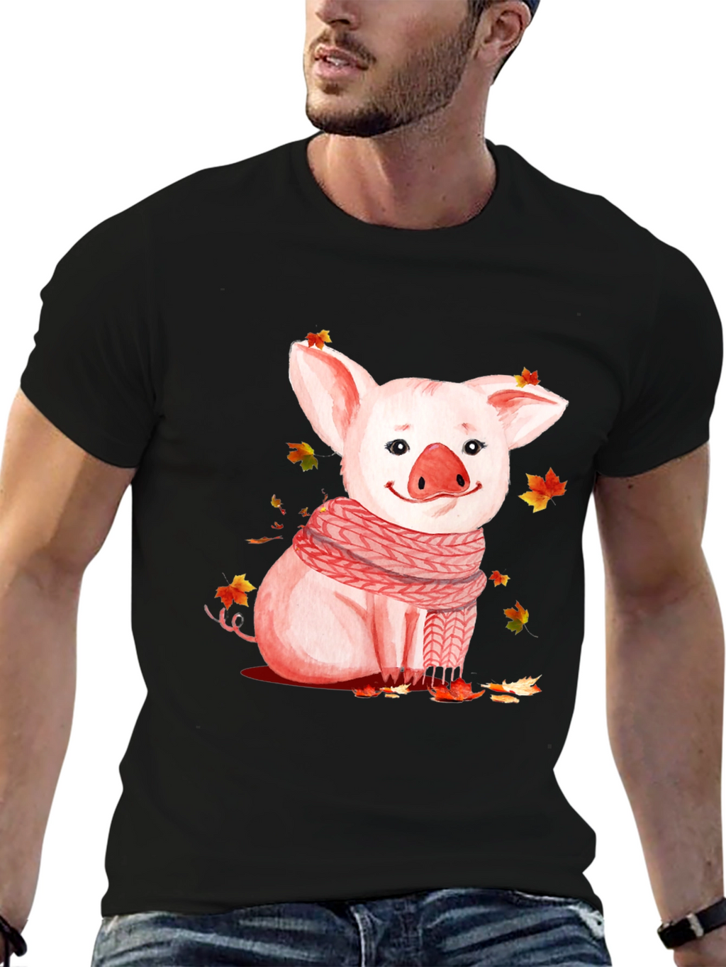 Pig with Scarf Graphic T-Shirt - Autumn Ready
