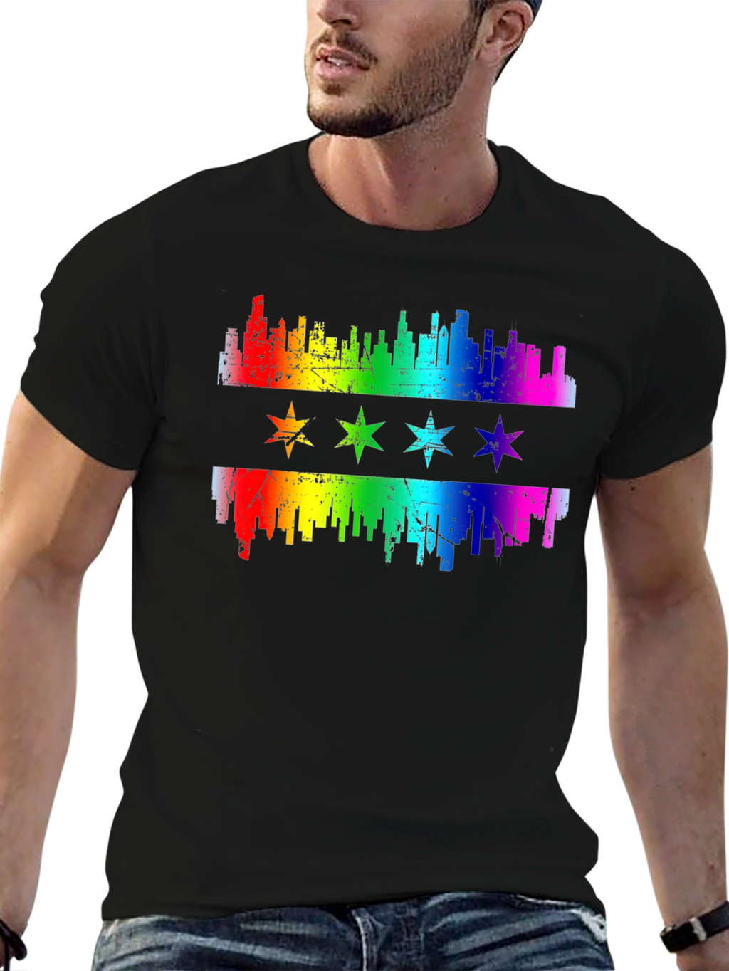 Chicago Pride T-Shirt Rainbow Skyline & Stars Graphic Tee