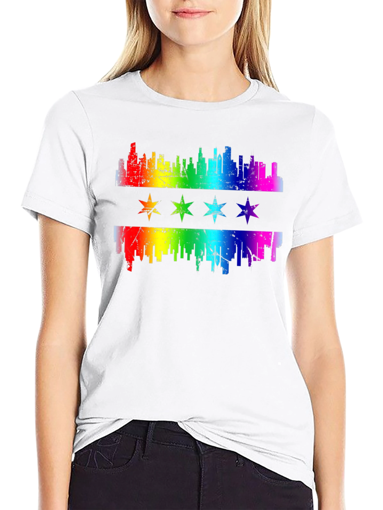 Chicago Pride T-Shirt Rainbow Skyline & Stars Graphic Tee