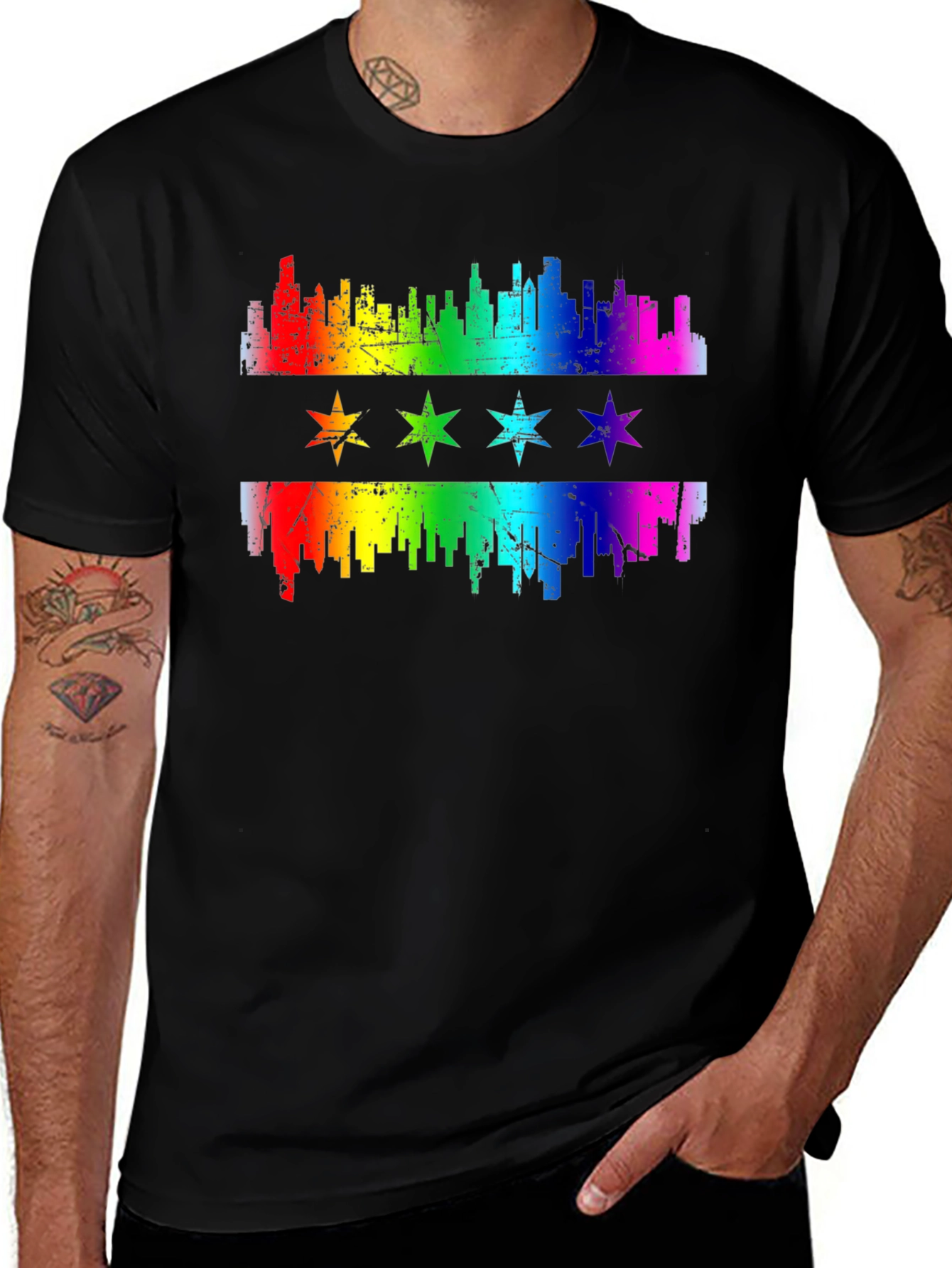 Chicago Pride T-Shirt Rainbow Skyline & Stars Graphic Tee
