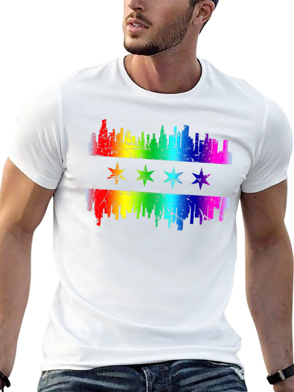 Chicago Pride T-Shirt Rainbow Skyline & Stars Graphic Tee