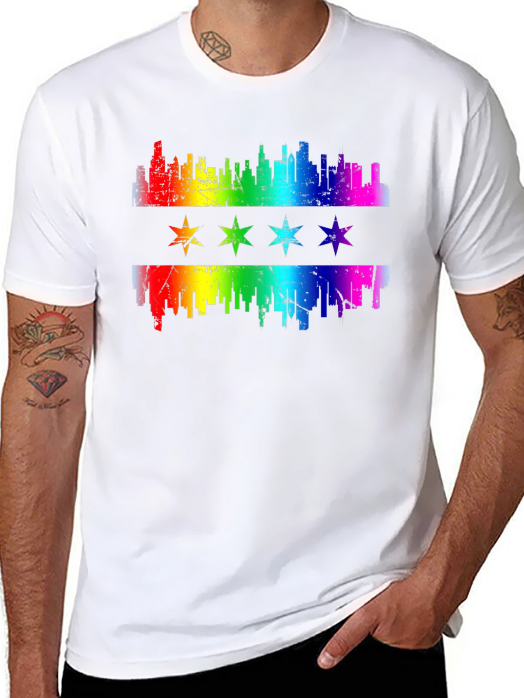 Chicago Pride T-Shirt Rainbow Skyline & Stars Graphic Tee
