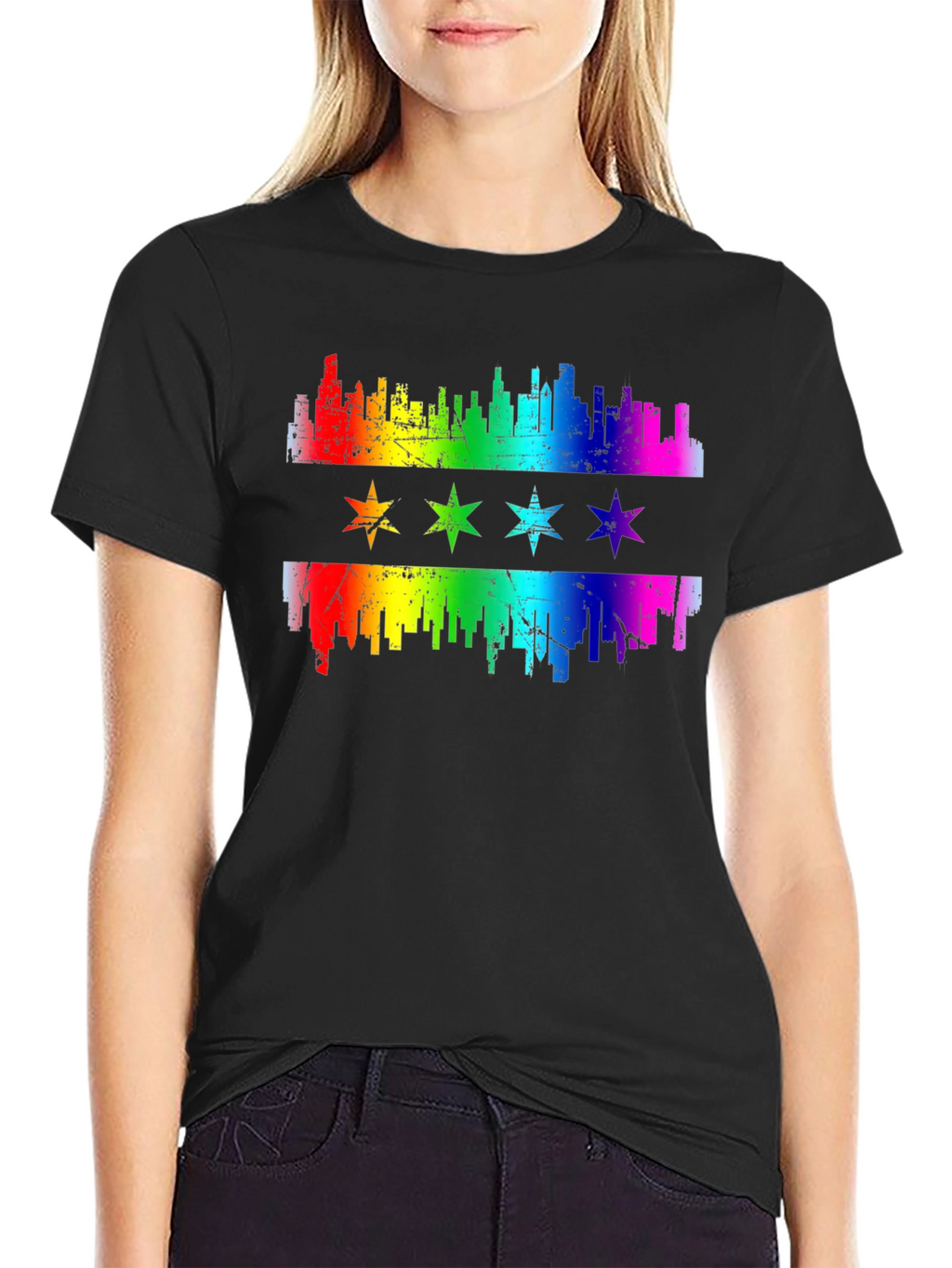 Chicago Pride T-Shirt Rainbow Skyline & Stars Graphic Tee