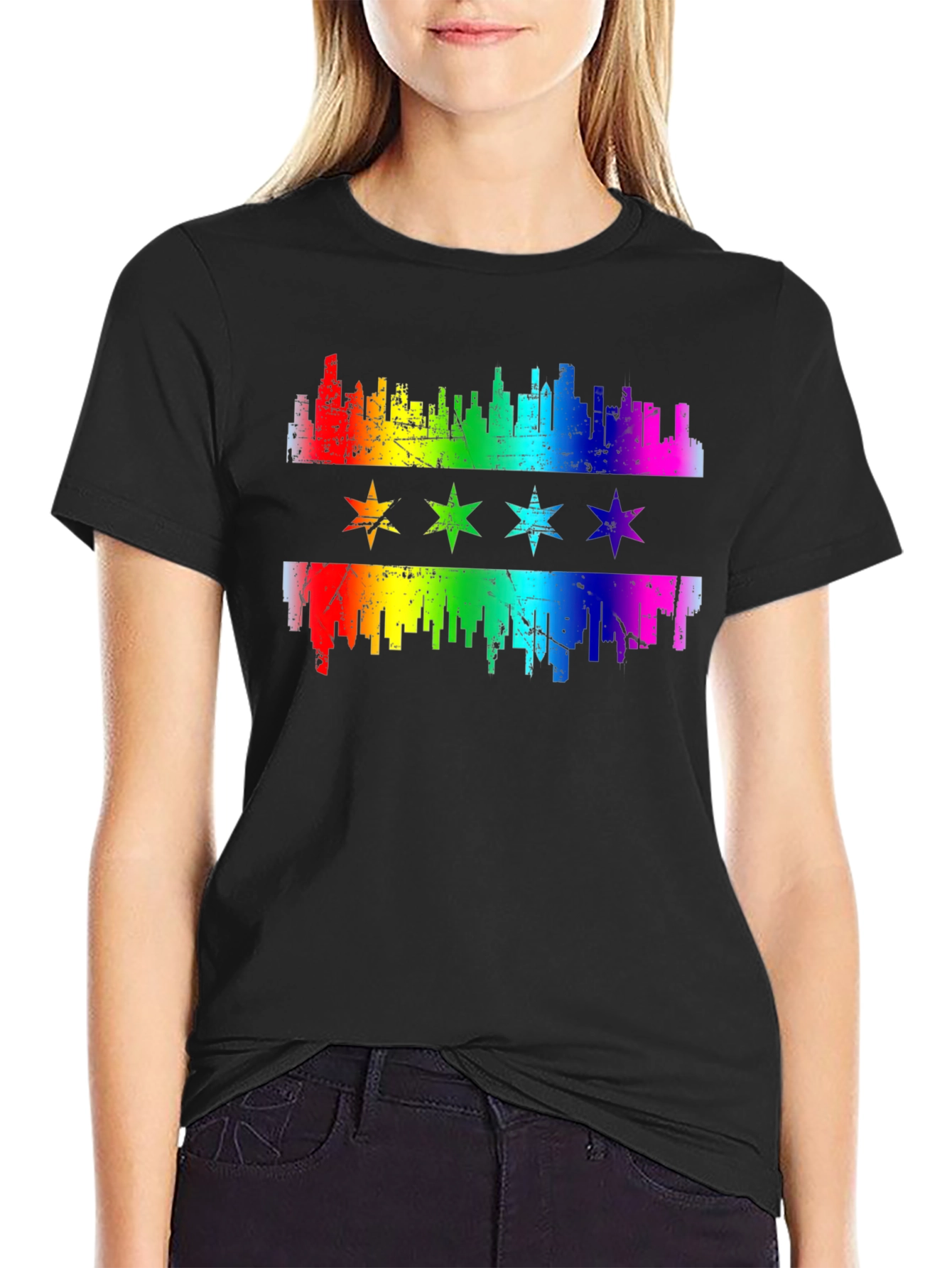 Chicago Pride T-Shirt Rainbow Skyline & Stars Graphic Tee