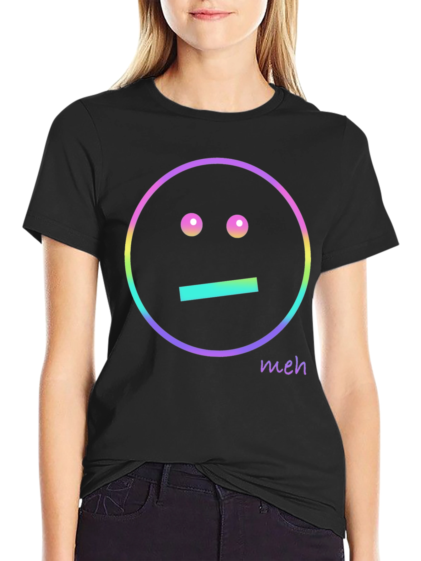 Meh Emoji Graphic T-Shirt - Black Casual Tee