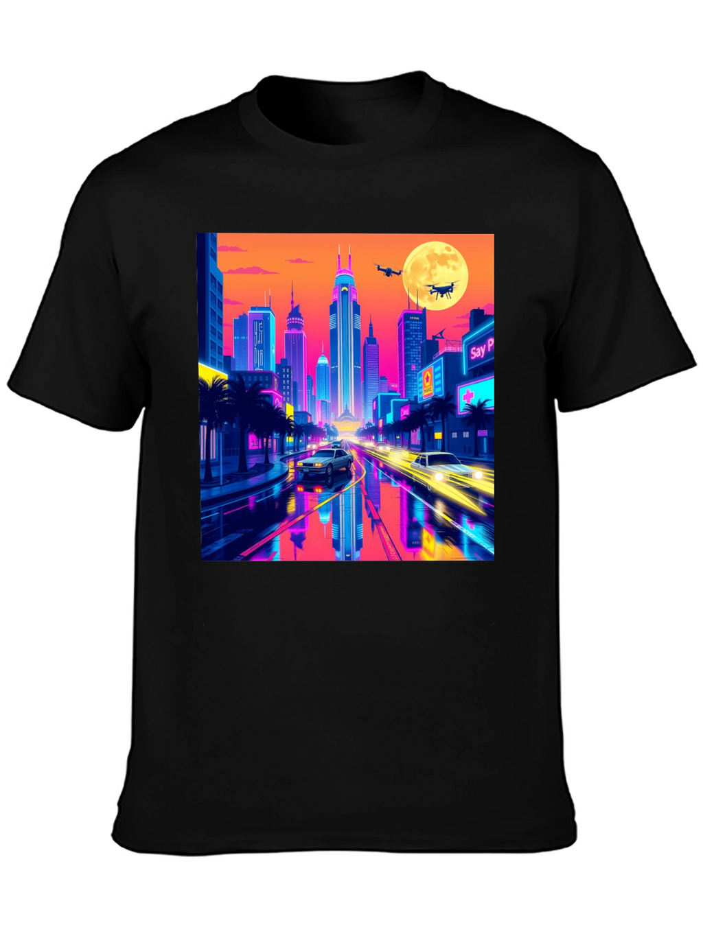 Neon Cityscape T-Shirt - Retro Futuristic Style