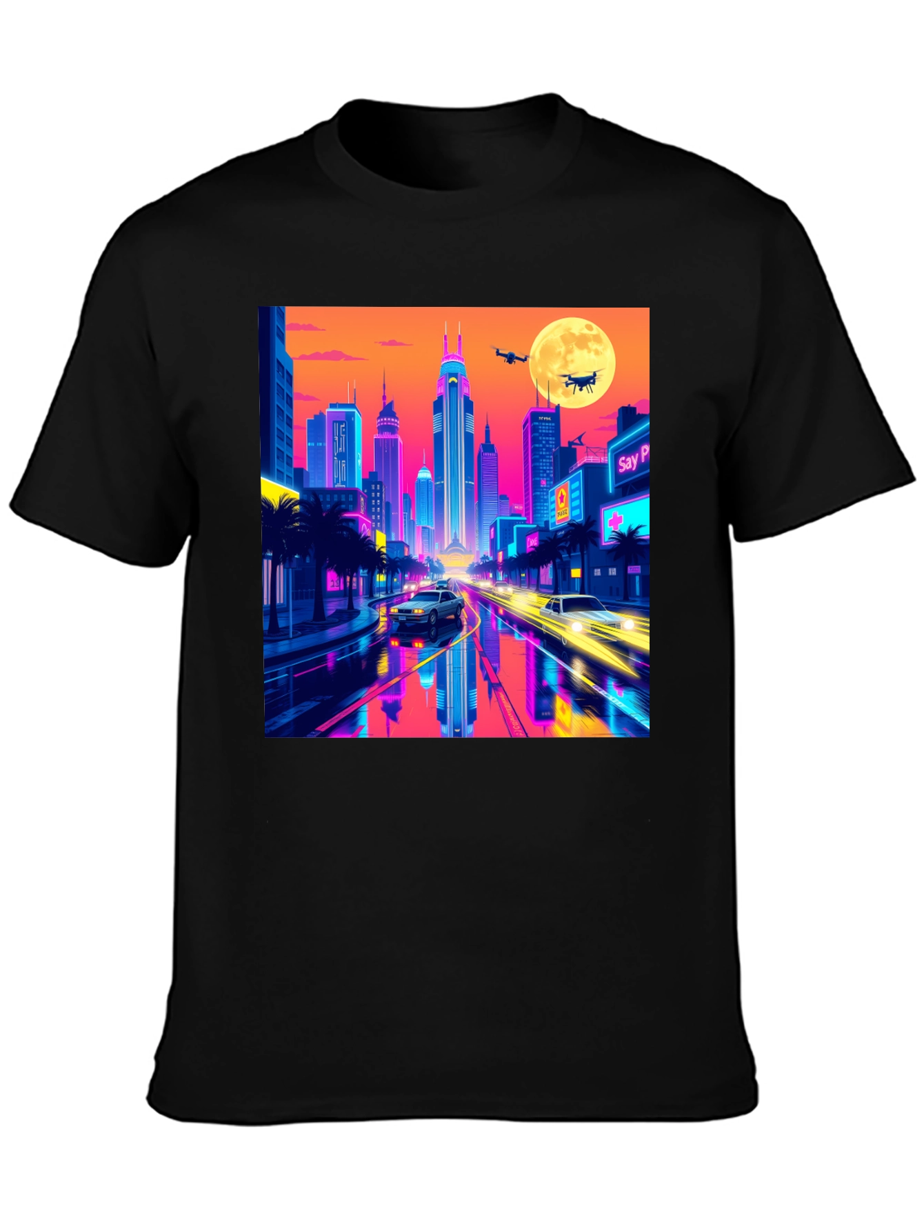 Neon Cityscape T-Shirt - Retro Futuristic Style