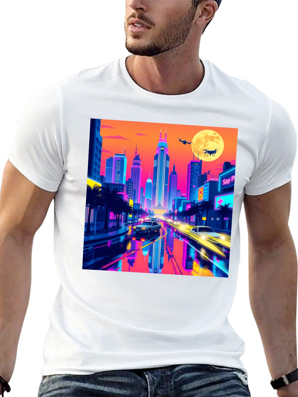Neon Cityscape T-Shirt - Retro Futuristic Style