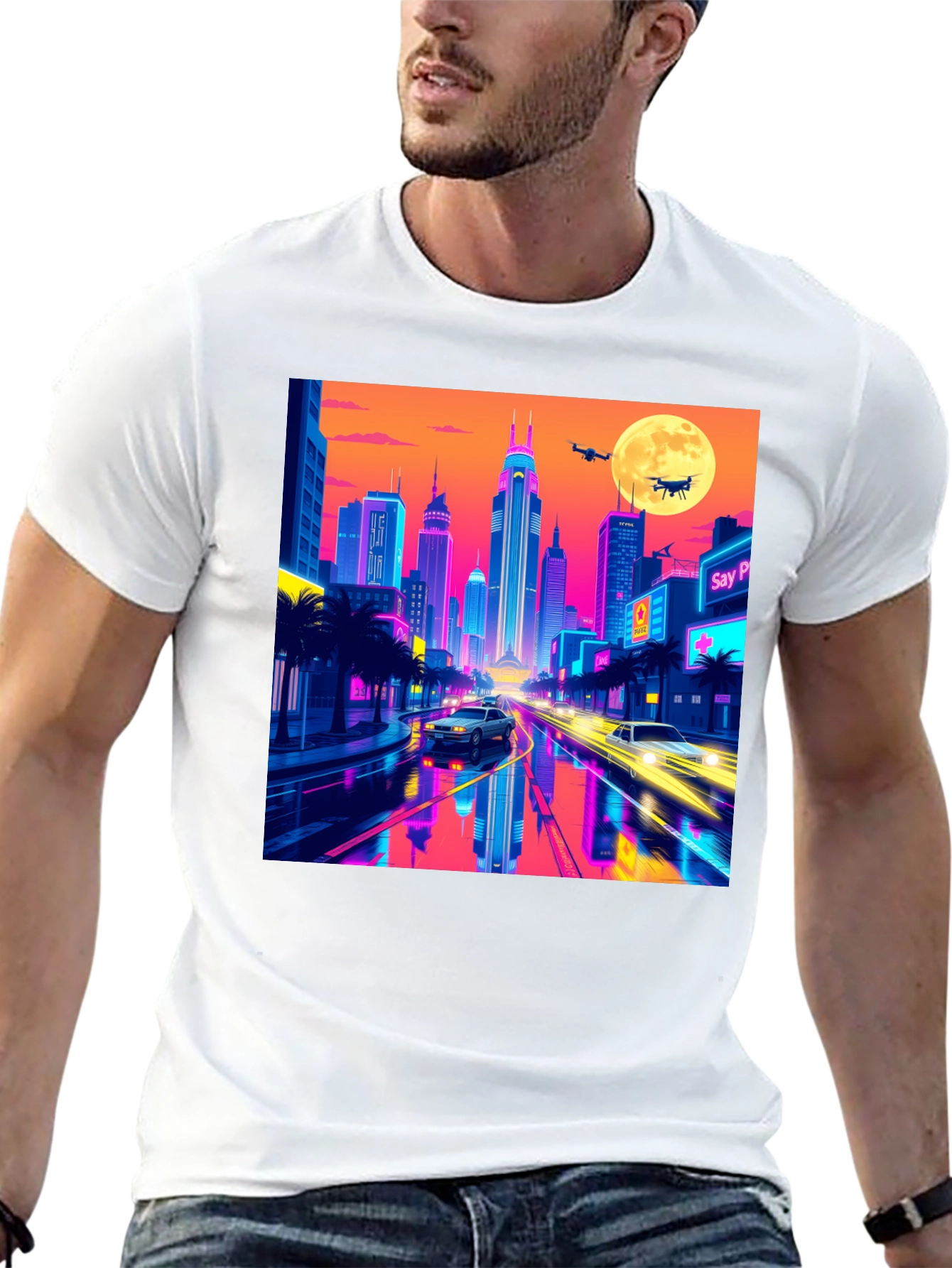 Neon Cityscape T-Shirt - Retro Futuristic Style