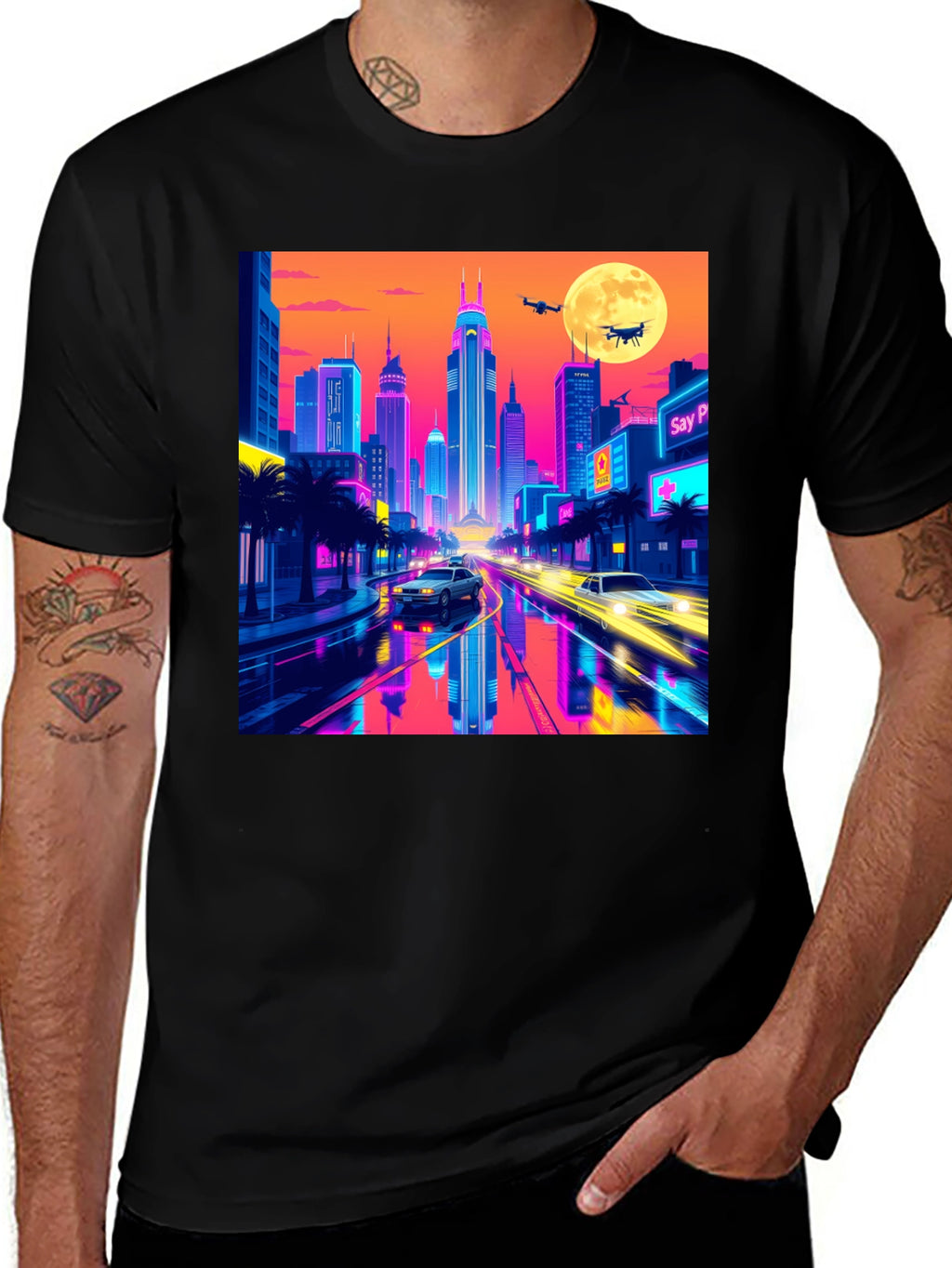 Neon Cityscape T-Shirt - Retro Futuristic Style